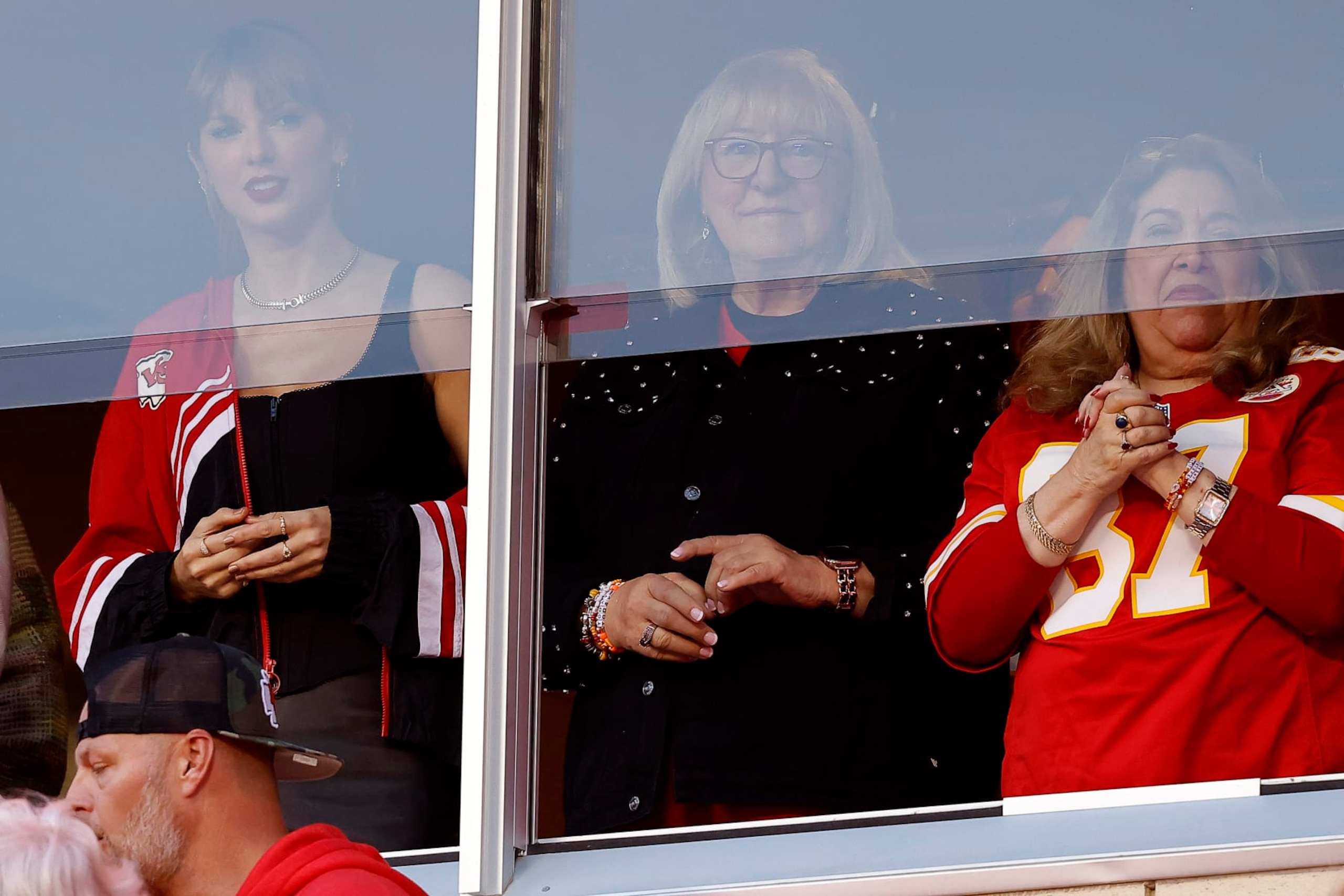 KANSAS CITY, MISSOURI - OCTOBER 12: Taylor Swift and Donna Kelce look on before the game between the Kansas City Chiefs and the Denver Broncos at GEHA Field at Arrowhead Stadium on October 12, 2023 in Kansas City, Missouri. (Photo by David Eulitt/Getty Images)