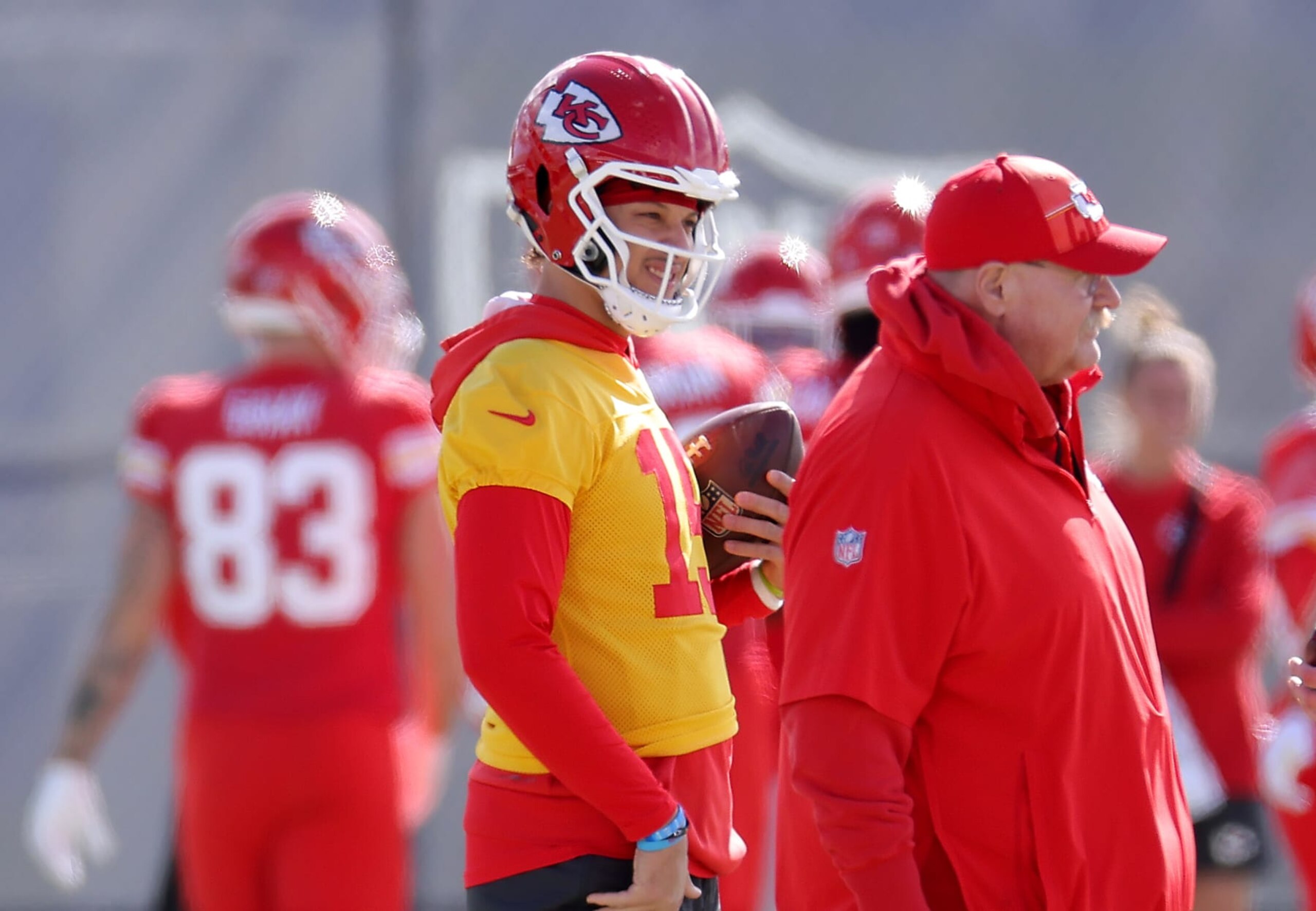 HENDERSON, NEVADA - FEBRUARY 09:  Quarterback Patrick Mahomes #15 and head coach Andy Reid are seen during Kansas City Chiefs practice ahead of Super Bowl LVIII at the Las Vegas Raiders Headquarters/Intermountain Healthcare Performance Center on February 09, 2024 in Henderson, Nevada. (Photo by Jamie Squire/Getty Images)