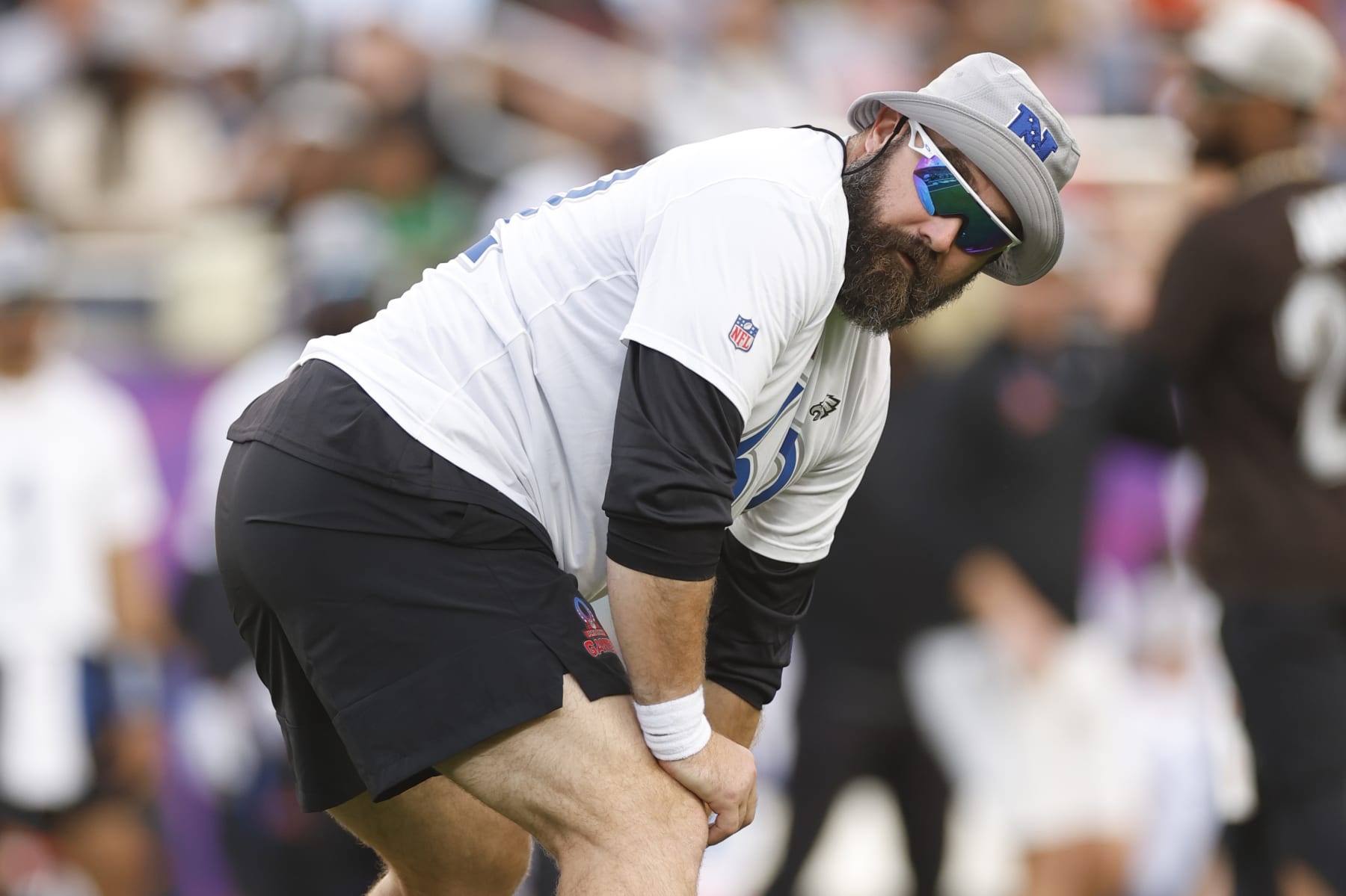 ORLANDO, FLORIDA - FEBRUARY 04: Jason Kelce #62 of the Philadelphia Eagles and NFC looks on prior to a snap during the 2024 NFL Pro Bowl Games at Camping World Stadium on February 04, 2024 in Orlando, Florida. (Photo by Mike Ehrmann/Getty Images)