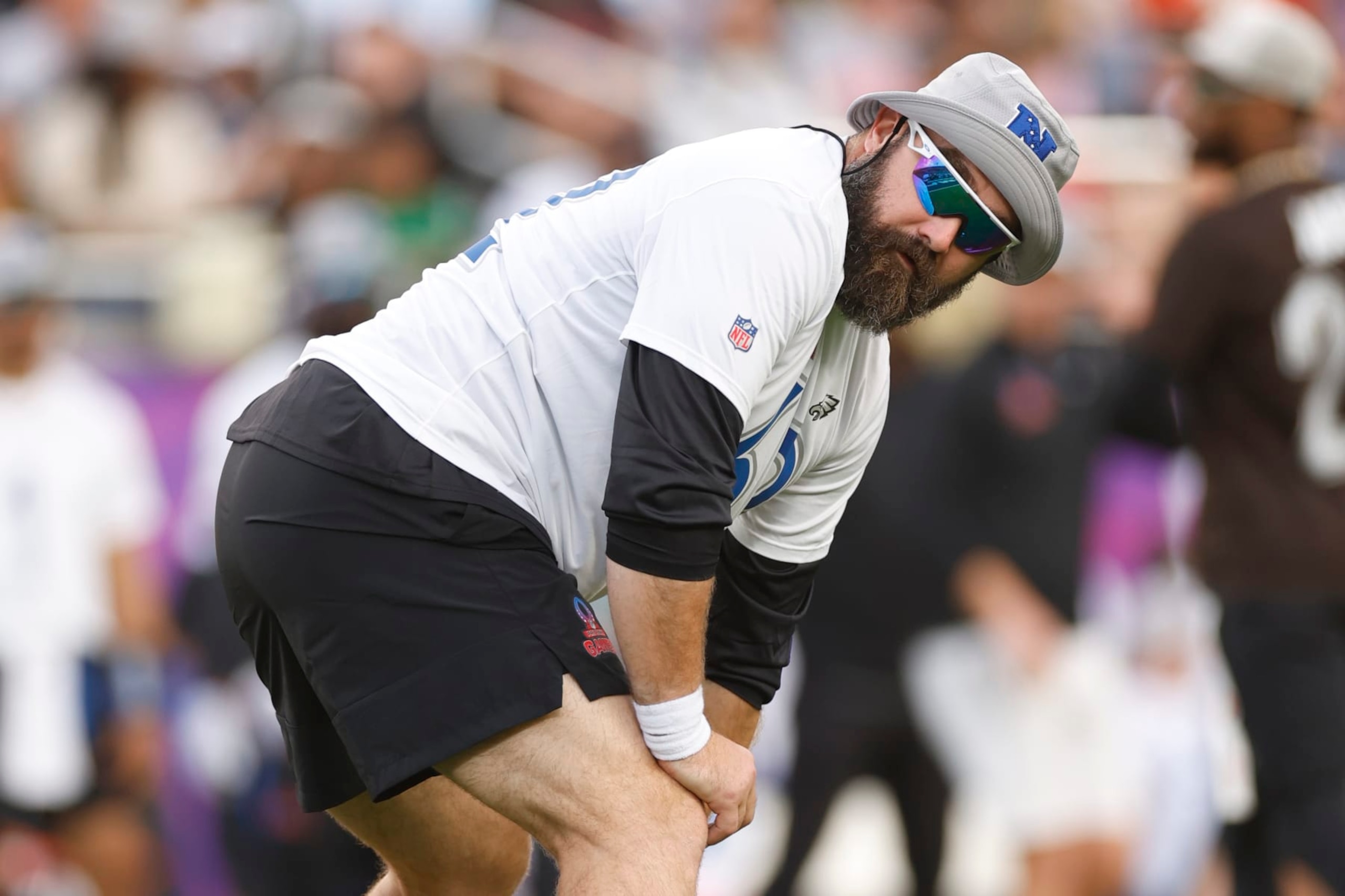 ORLANDO, FLORIDA - FEBRUARY 04: Jason Kelce #62 of the Philadelphia Eagles and NFC looks on prior to a snap during the 2024 NFL Pro Bowl Games at Camping World Stadium on February 04, 2024 in Orlando, Florida. (Photo by Mike Ehrmann/Getty Images)
