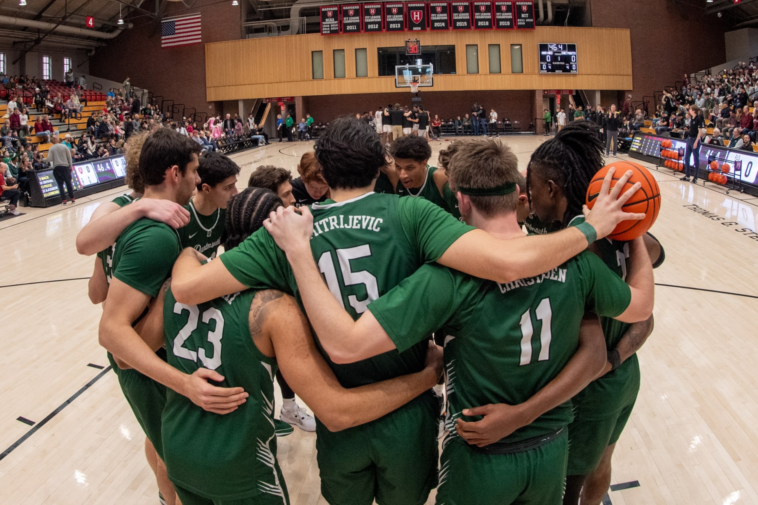 ALLSTON, MA - FEBRUARY 10: Dartmouth Big Green players huddle as a team before the college basketball game between the Dartmouth Big Green and the Harvard Crimson on February 10, 2024, at Lavietes Pavilion in Allston, MA. (Photo by Erica Denhoff/Icon Sportswire via Getty Images)