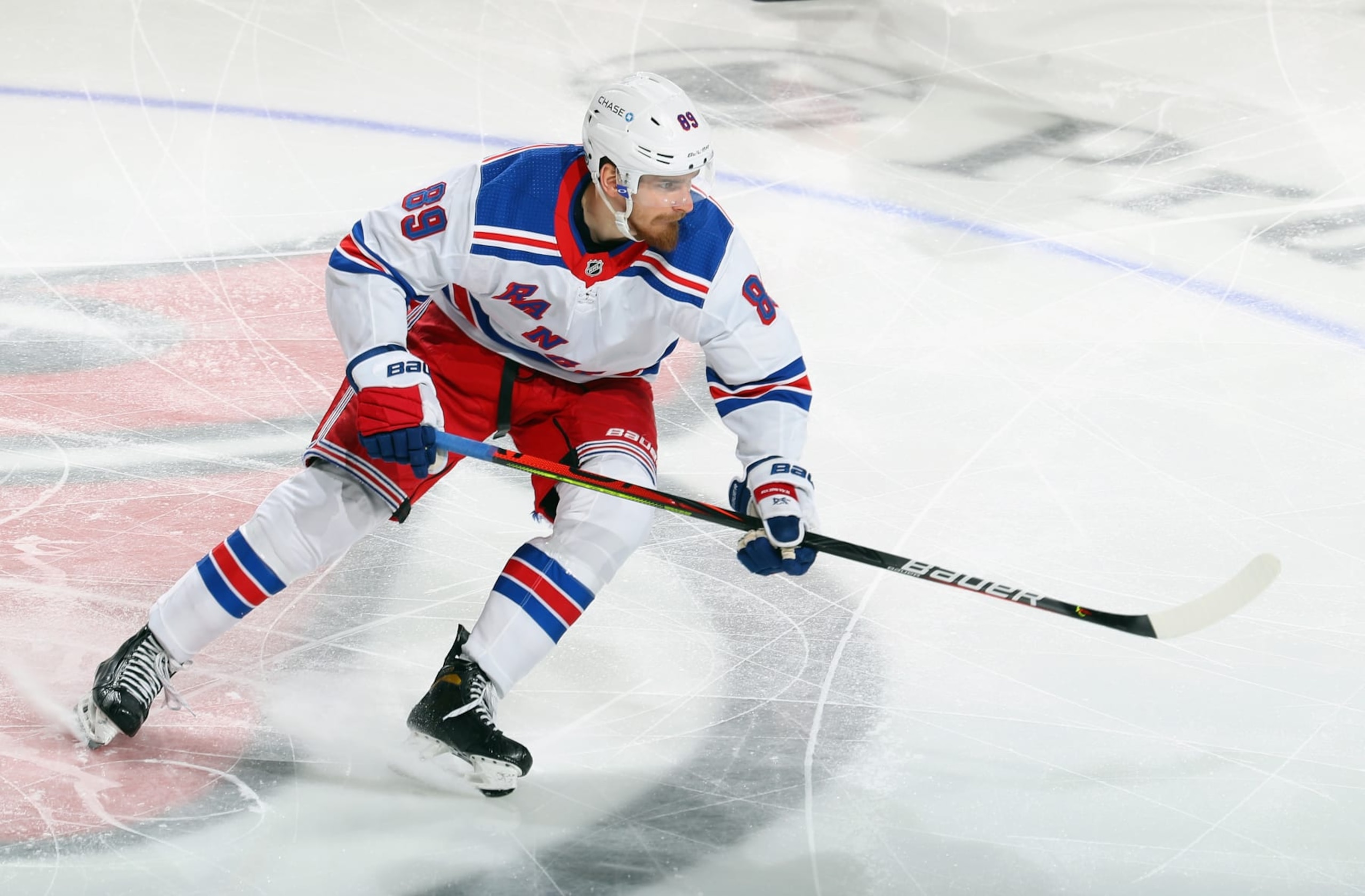 NEWARK, NEW JERSEY - APRIL 18: Pavel Buchnevich #89 of the New York Rangers skates against the New Jersey Devils at the Prudential Center on April 18, 2021 in Newark, New Jersey. (Photo by Bruce Bennett/Getty Images)