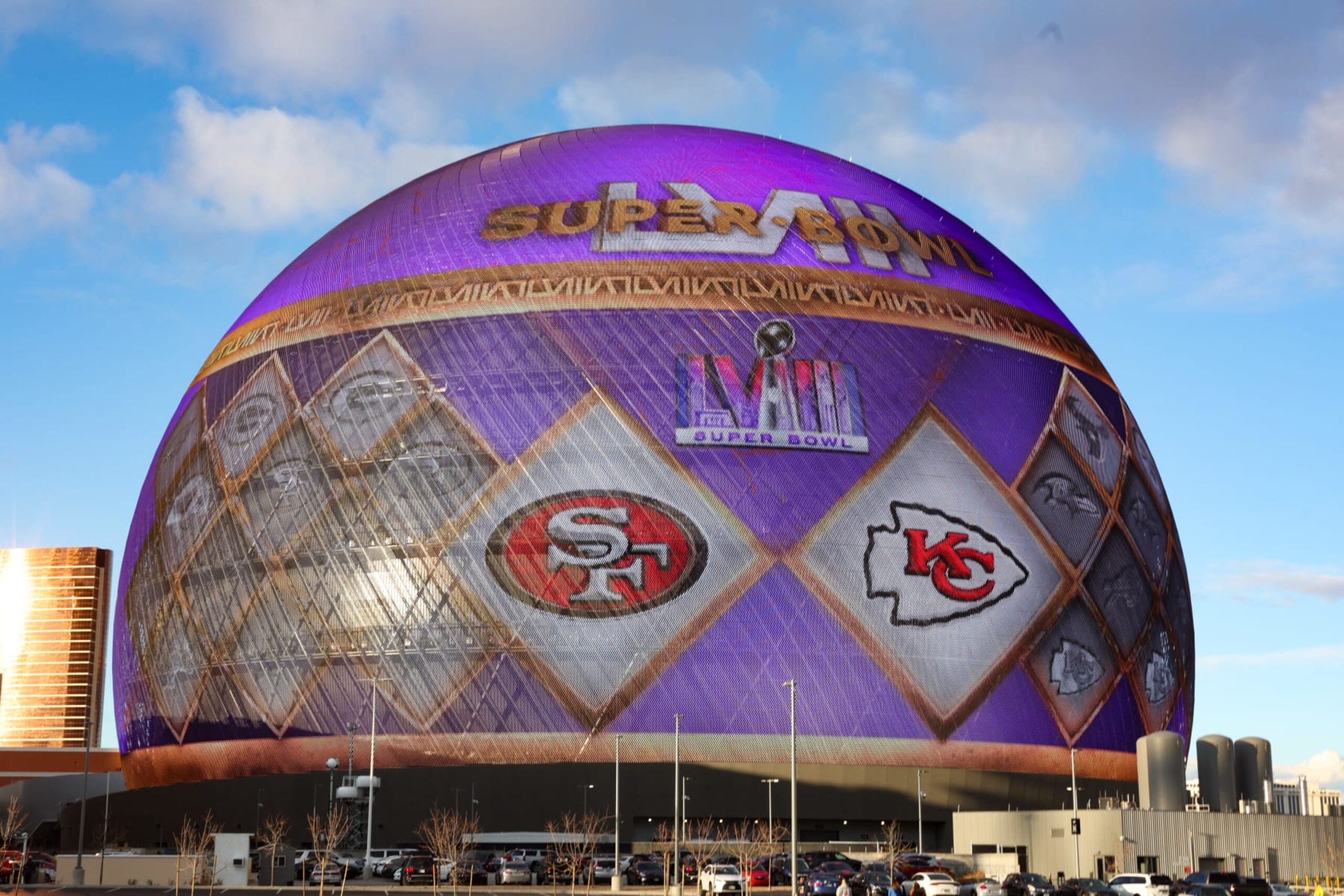 LAS VEGAS, NEVADA - FEBRUARY 08: The Sphere on the Las Vegas Strip is seen displaying Super Bowl LVIII signage ahead of Super Bowl LVIII on February 08, 2024 in Las Vegas, Nevada. (Photo by Jamie Squire/Getty Images) LAS VEGAS, NEVADA - FEBRUARY 08: The Sphere on the Las Vegas Strip is seen displaying Super Bowl LVIII signage ahead of Super Bowl LVIII on February 08, 2024 in Las Vegas, Nevada. (Photo by Jamie Squire/Getty Images)