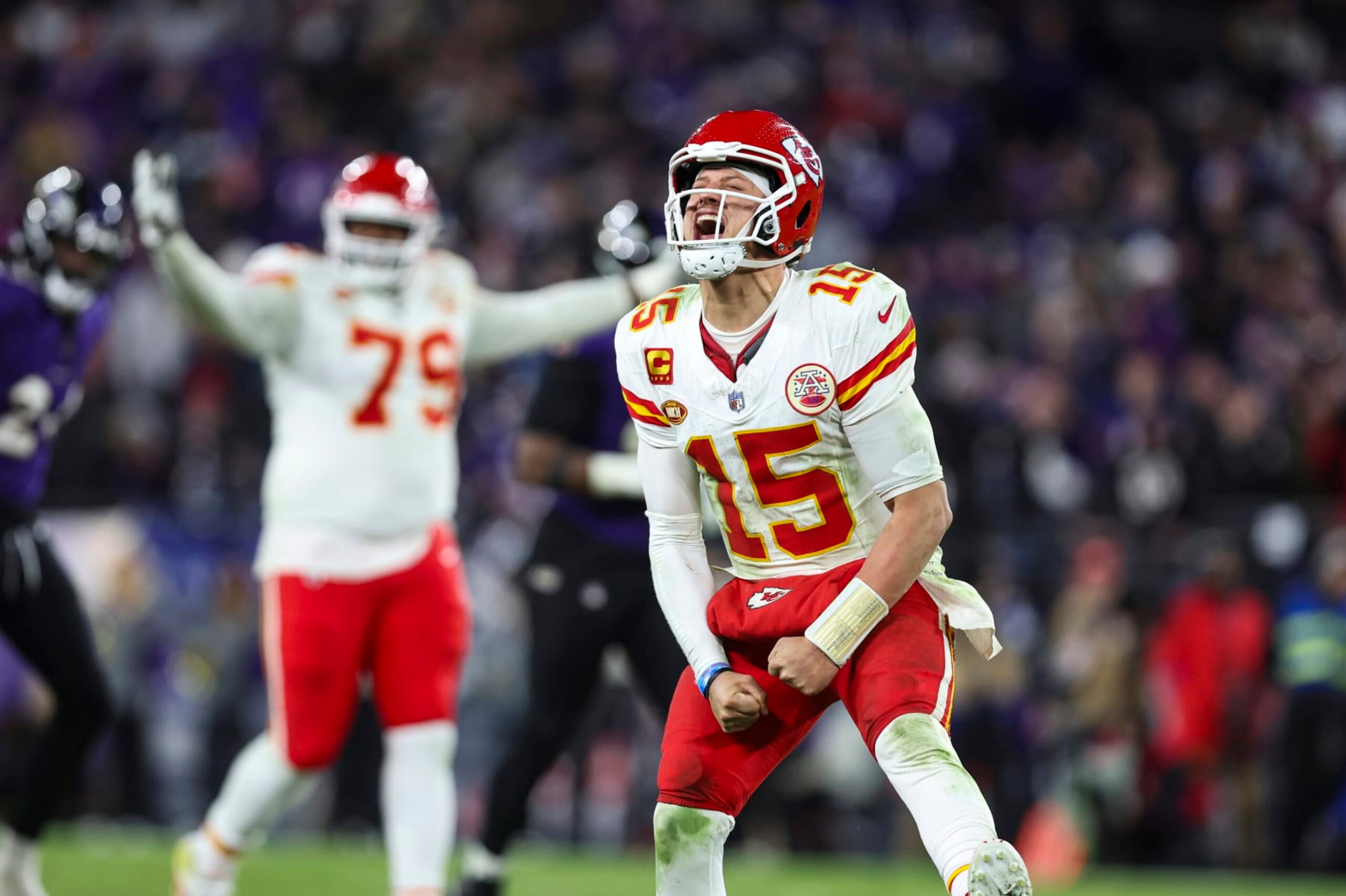 BALTIMORE, MD - JANUARY 28: Patrick Mahomes #15 of the Kansas City Chiefs celebrates during the AFC Championship NFL football game against the Baltimore Ravens at M&T Bank Stadium on January 28, 2024 in Baltimore, Maryland. (Photo by Perry Knotts/Getty Images) BALTIMORE, MD - JANUARY 28: Patrick Mahomes #15 of the Kansas City Chiefs celebrates during the AFC Championship NFL football game against the Baltimore Ravens at M&T Bank Stadium on January 28, 2024 in Baltimore, Maryland. (Photo by Perry Knotts/Getty Images)