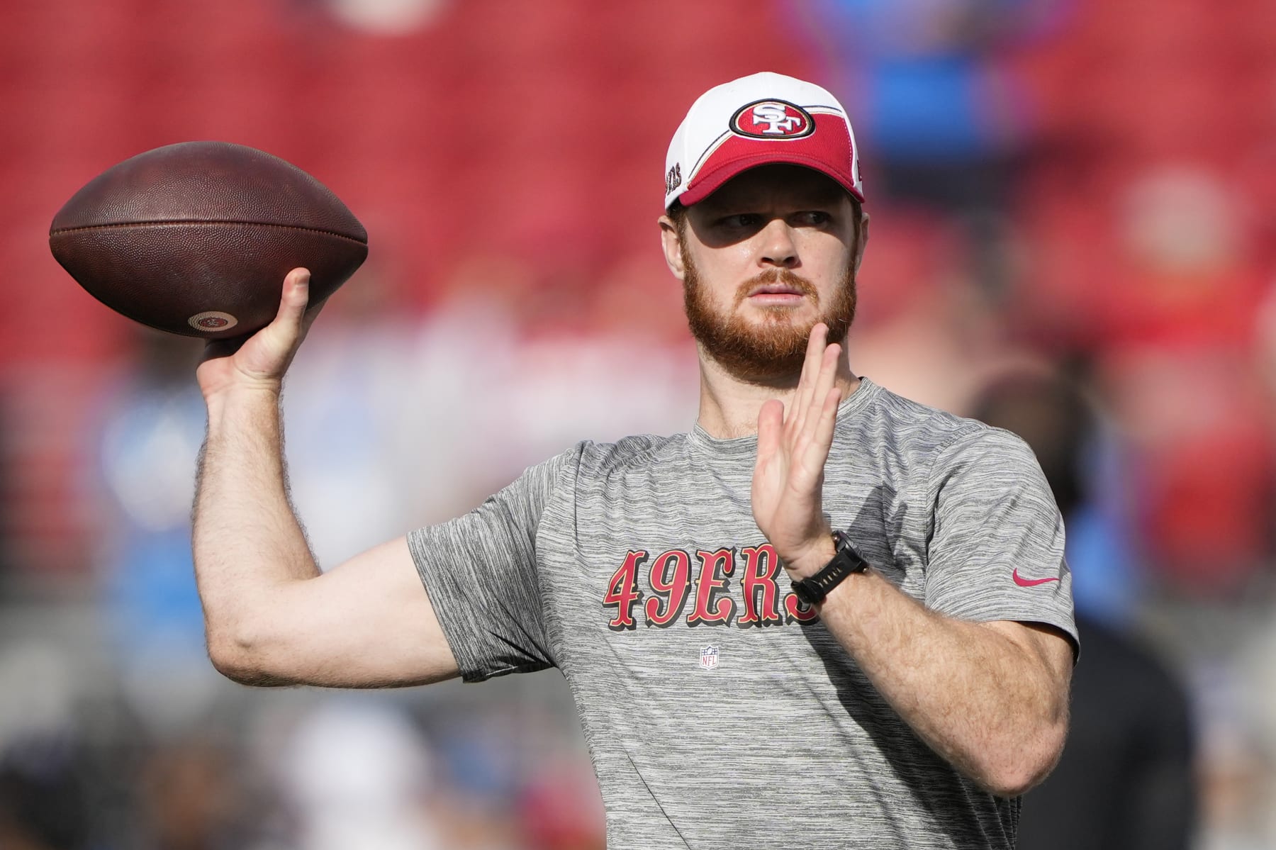 SANTA CLARA, CALIFORNIA - JANUARY 28: Sam Darnold #14 of the San Francisco 49ers warms-up prior to a game against the Detroit Lions in the NFC Championship Game at Levi's Stadium on January 28, 2024 in Santa Clara, California. (Photo by Thearon W. Henderson/Getty Images)