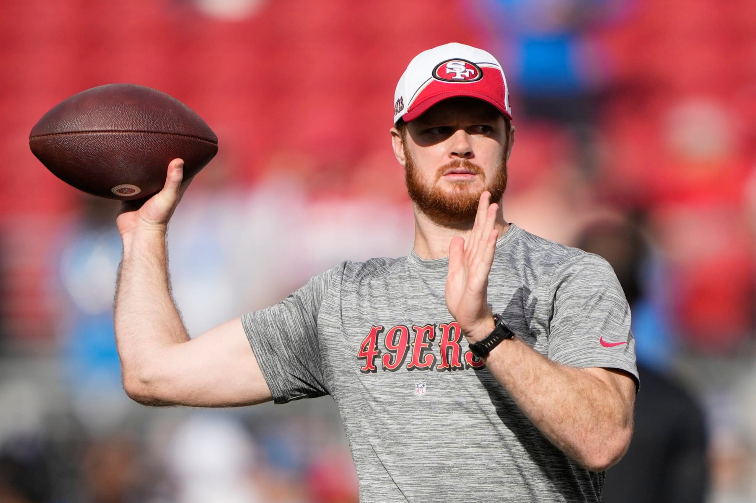 SANTA CLARA, CALIFORNIA - JANUARY 28: Sam Darnold #14 of the San Francisco 49ers warms-up prior to a game against the Detroit Lions in the NFC Championship Game at Levi's Stadium on January 28, 2024 in Santa Clara, California. (Photo by Thearon W. Henderson/Getty Images)
