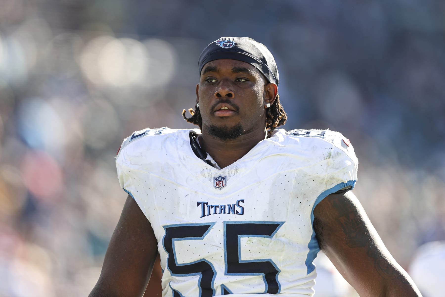 JACKSONVILLE, FL - NOVEMBER 19: Aaron Brewer #55 of the Tennessee Titans walks off of the field during an NFL football game against the Jacksonville Jaguars at EverBank Stadium on November 19, 2023 in Jacksonville, Florida. (Photo by Perry Knotts/Getty Images)