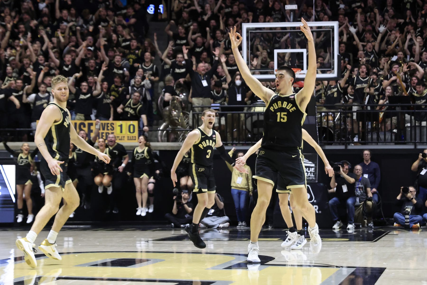 WEST LAFAYETTE, INDIANA - FEBRUARY 10:  Zach Edey #15 of the Purdue Boilermakers reacts after making a three pointer during the second half in the game against the Indiana Hoosiers at Mackey Arena on February 10, 2024 in West Lafayette, Indiana. (Photo by Justin Casterline/Getty Images)