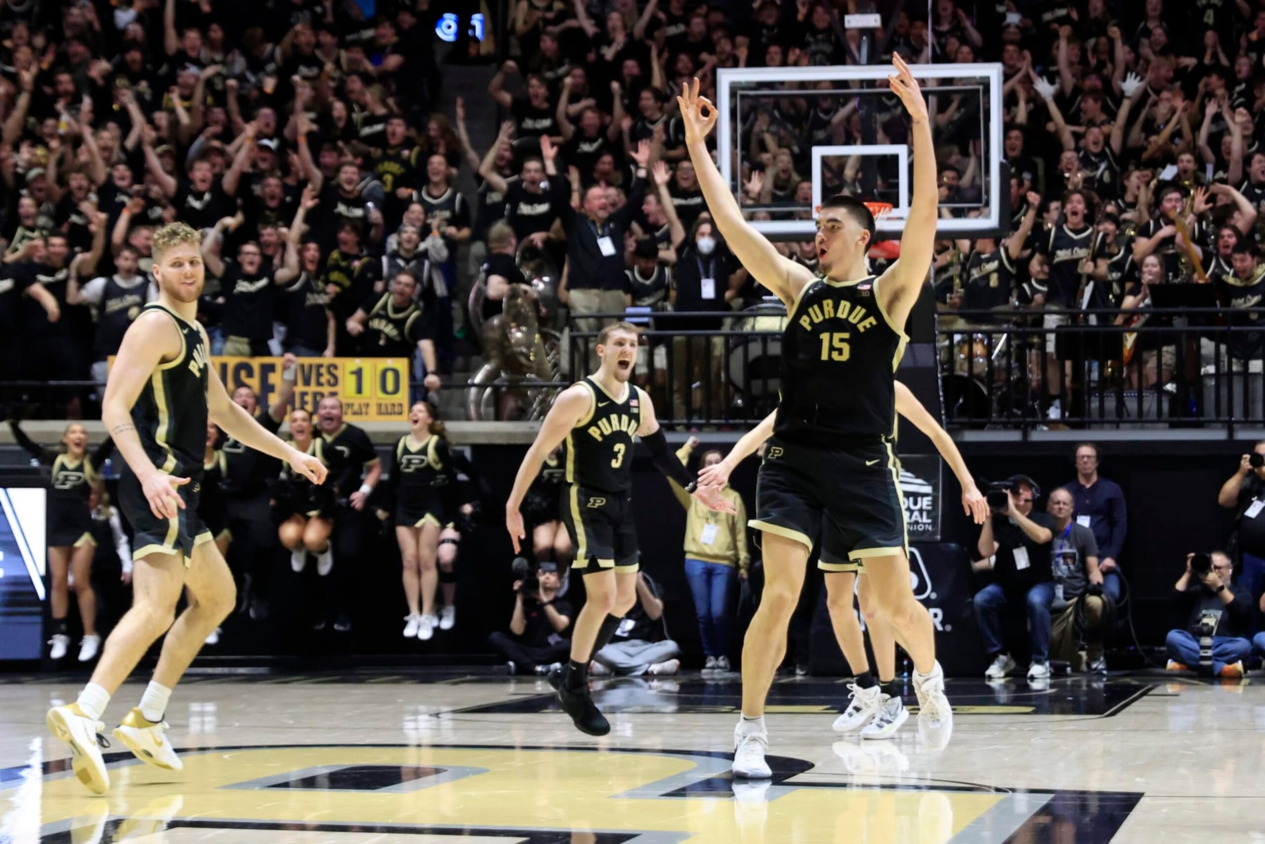 WEST LAFAYETTE, INDIANA - FEBRUARY 10: Zach Edey #15 of the Purdue Boilermakers reacts after making a three pointer during the second half in the game against the Indiana Hoosiers at Mackey Arena on February 10, 2024 in West Lafayette, Indiana. (Photo by Justin Casterline/Getty Images) WEST LAFAYETTE, INDIANA - FEBRUARY 10: Zach Edey #15 of the Purdue Boilermakers reacts after making a three pointer during the second half in the game against the Indiana Hoosiers at Mackey Arena on February 10, 2024 in West Lafayette, Indiana. (Photo by Justin Casterline/Getty Images)