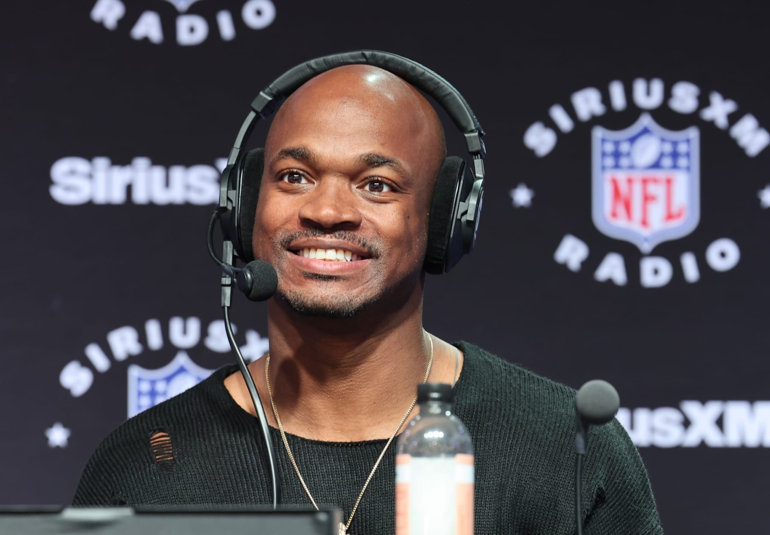 LAS VEGAS, NEVADA - FEBRUARY 09: Adrian Peterson speaks on SiriusXM at Super Bowl LVIII on February 09, 2024 in Las Vegas, Nevada. (Photo by Cindy Ord/Getty Images for SiriusXM)