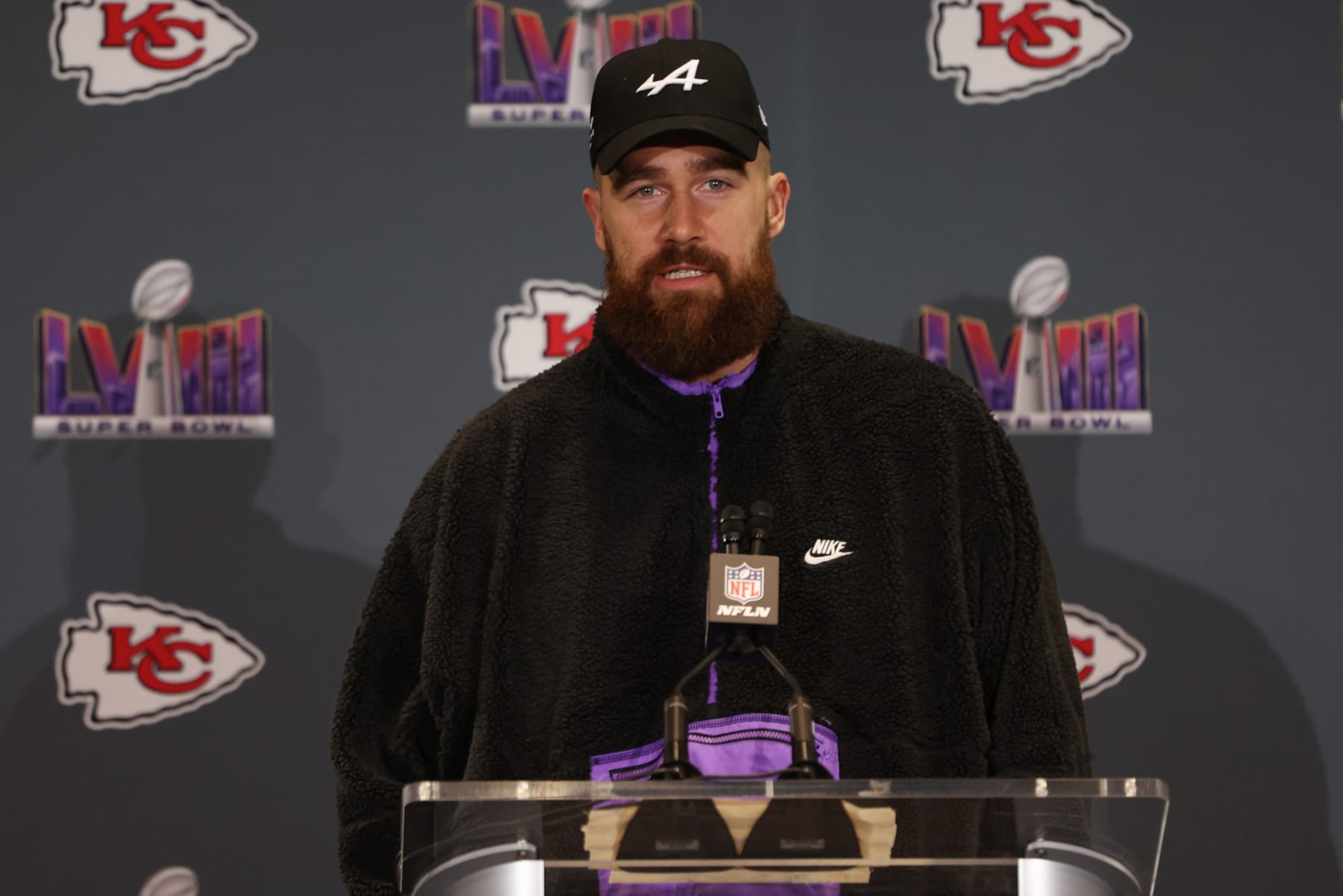 HENDERSON, NEVADA - FEBRUARY 08: Travis Kelce of the Kansas City Chiefs speaks to the media during Kansas City Chiefs media availability ahead of Super Bowl LVIII at Westin Lake Las Vegas Resort and Spa on February 08, 2024 in Henderson, Nevada. (Photo by Jamie Squire/Getty Images)