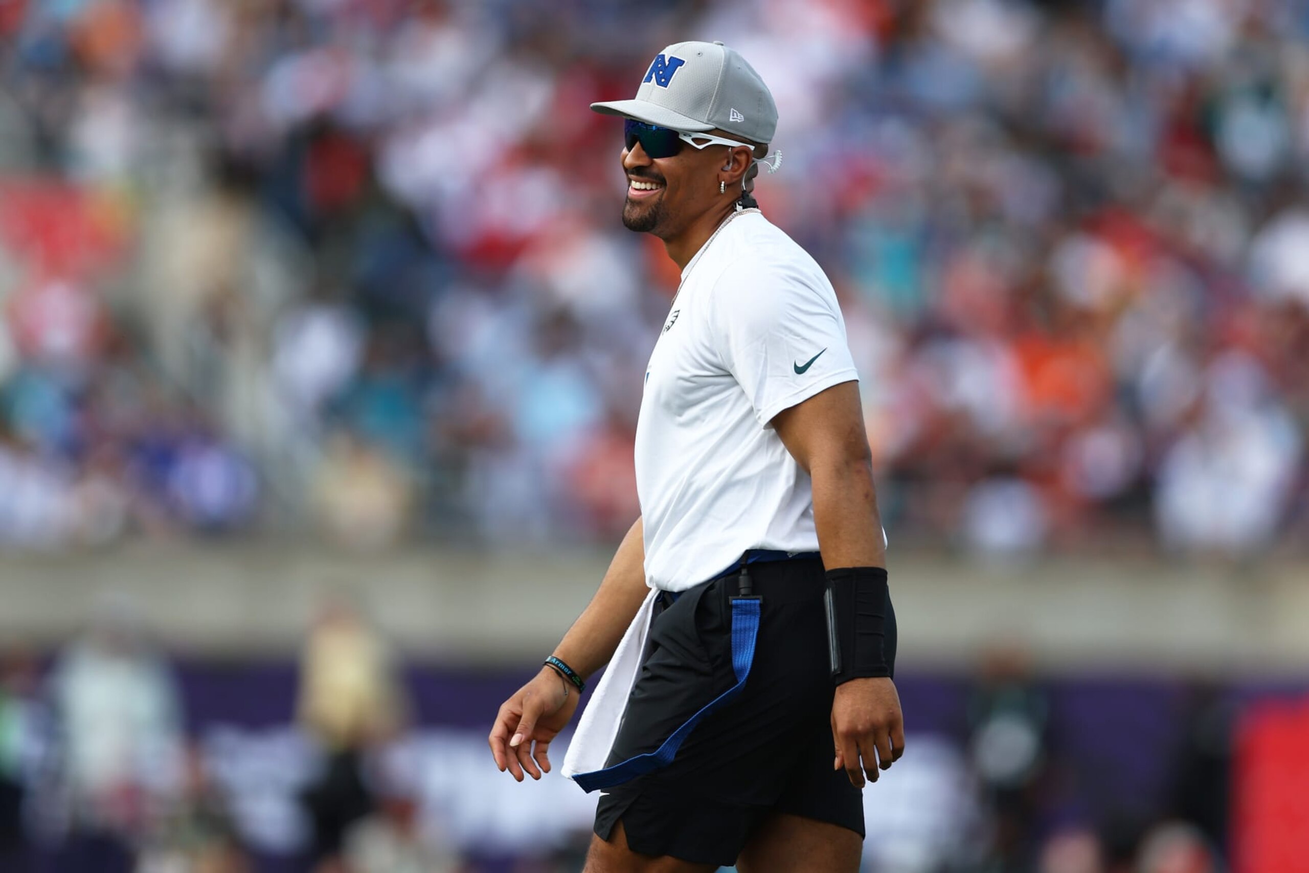 ORLANDO, FLORIDA - FEBRUARY 04: Jalen Hurts #1 of the Philadelphia Eagles and NFC reacts during the first quarter of the 2024 NFL Pro Bowl Games at Camping World Stadium on February 04, 2024 in Orlando, Florida. (Photo by Megan Briggs/Getty Images)