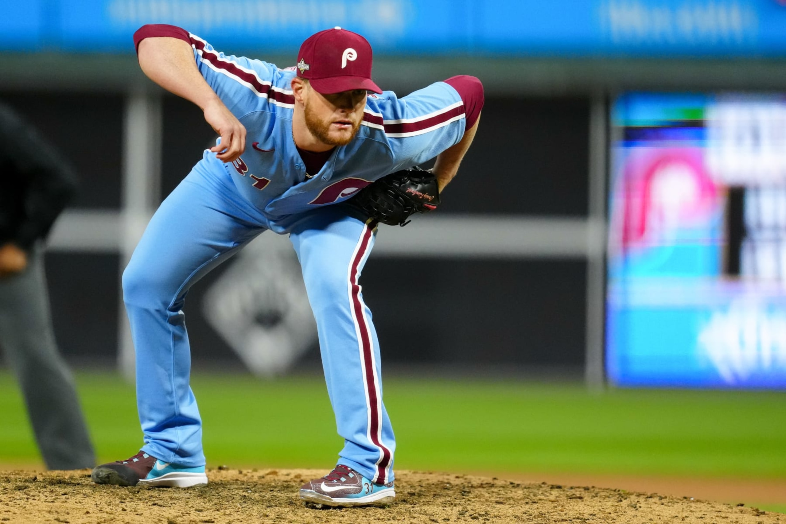 PHILADELPHIA, PA - OCTOBER 12: Craig Kimbrel #31 of the Philadelphia Phillies pitches in the seventh inning during Game 4 of the Division Series between the Atlanta Braves and the Philadelphia Phillies at Citizens Bank Park on Thursday, October 12, 2023 in Philadelphia, Pennsylvania. (Photo by Mary DeCicco/MLB Photos via Getty Images) PHILADELPHIA, PA - OCTOBER 12: Craig Kimbrel #31 of the Philadelphia Phillies pitches in the seventh inning during Game 4 of the Division Series between the Atlanta Braves and the Philadelphia Phillies at Citizens Bank Park on Thursday, October 12, 2023 in Philadelphia, Pennsylvania. (Photo by Mary DeCicco/MLB Photos via Getty Images)