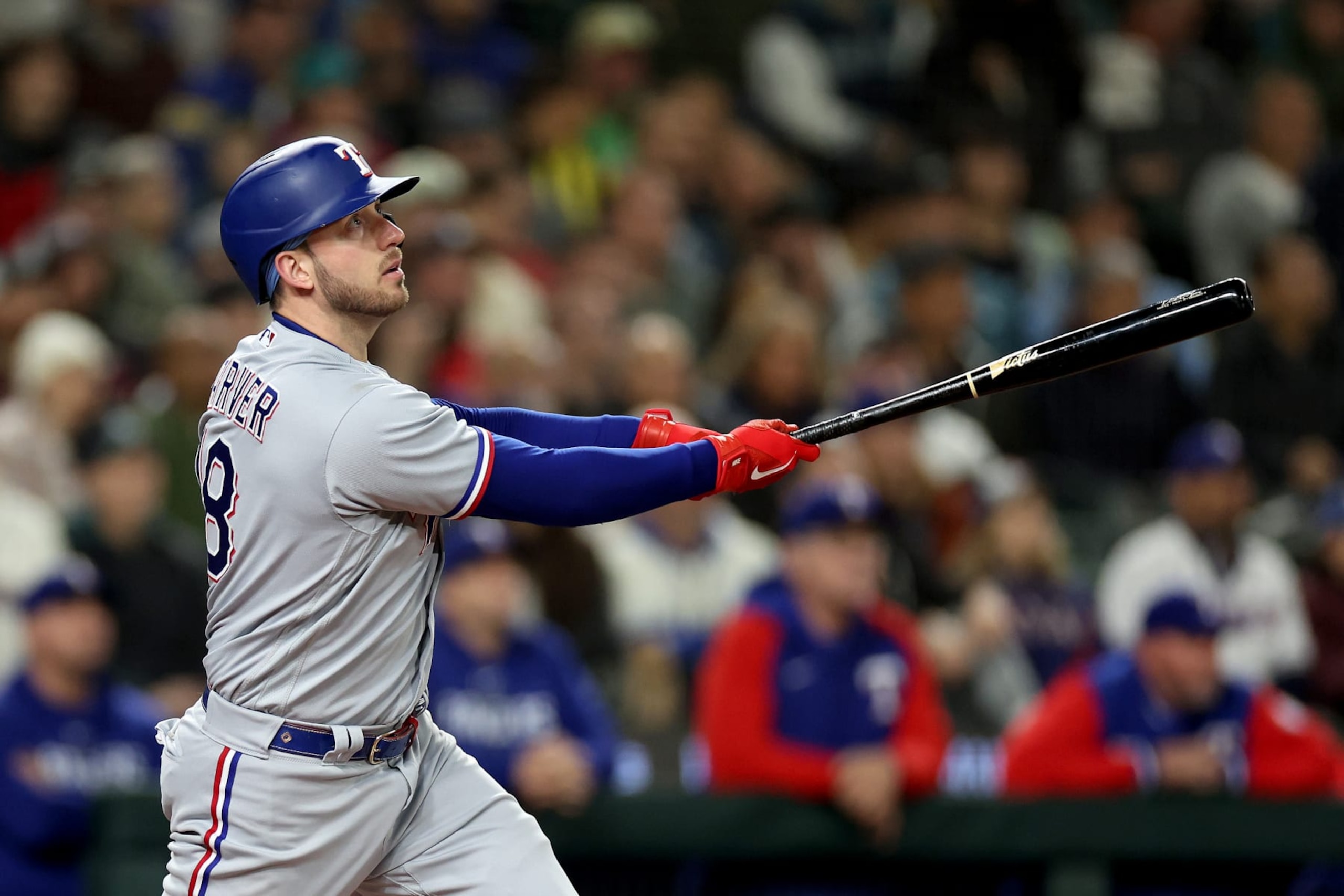 SEATTLE, WASHINGTON - SEPTEMBER 29: Mitch Garver #18 of the Texas Rangers at bat against the Seattle Mariners at T-Mobile Park on September 29, 2023 in Seattle, Washington. (Photo by Steph Chambers/Getty Images) SEATTLE, WASHINGTON - SEPTEMBER 29: Mitch Garver #18 of the Texas Rangers at bat against the Seattle Mariners at T-Mobile Park on September 29, 2023 in Seattle, Washington. (Photo by Steph Chambers/Getty Images)