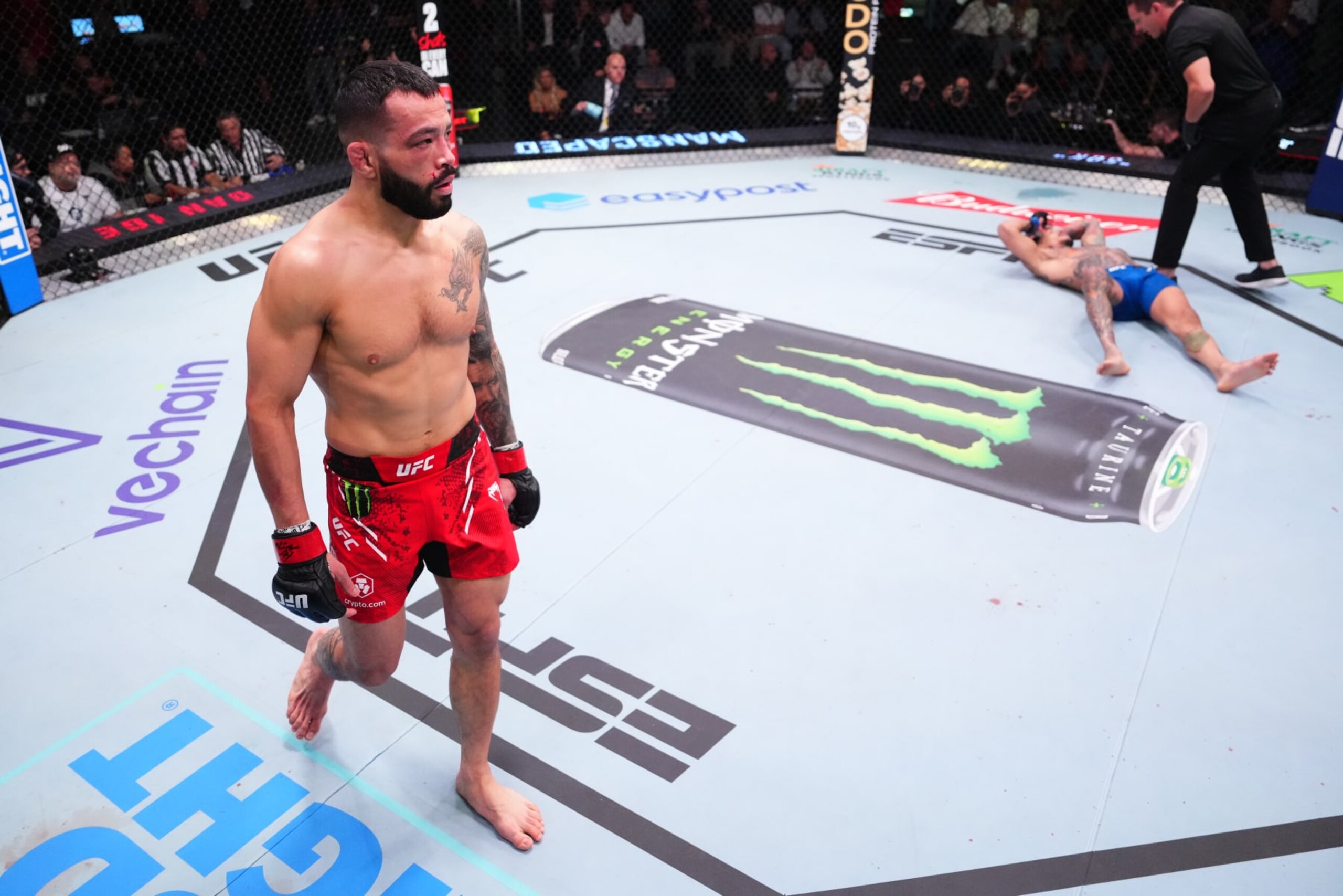 Dan Ige paces the Octagon after his knockout victory against Andre Fili.
