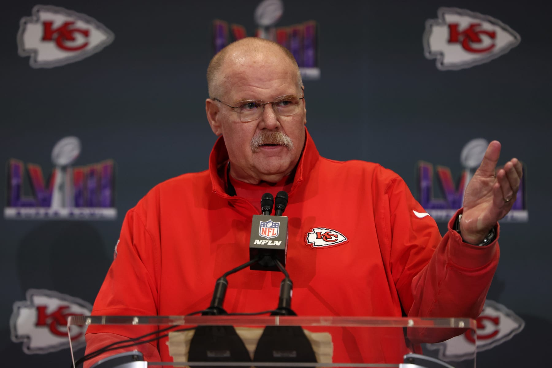 HENDERSON, NEVADA - FEBRUARY 08: Head coach Andy Reid of the Kansas City Chiefs speaks to the media during during Kansas City Chiefs media availability ahead of Super Bowl LVIII at Westin Lake Las Vegas Resort and Spa on February 08, 2024 in Henderson, Nevada. (Photo by Jamie Squire/Getty Images)
