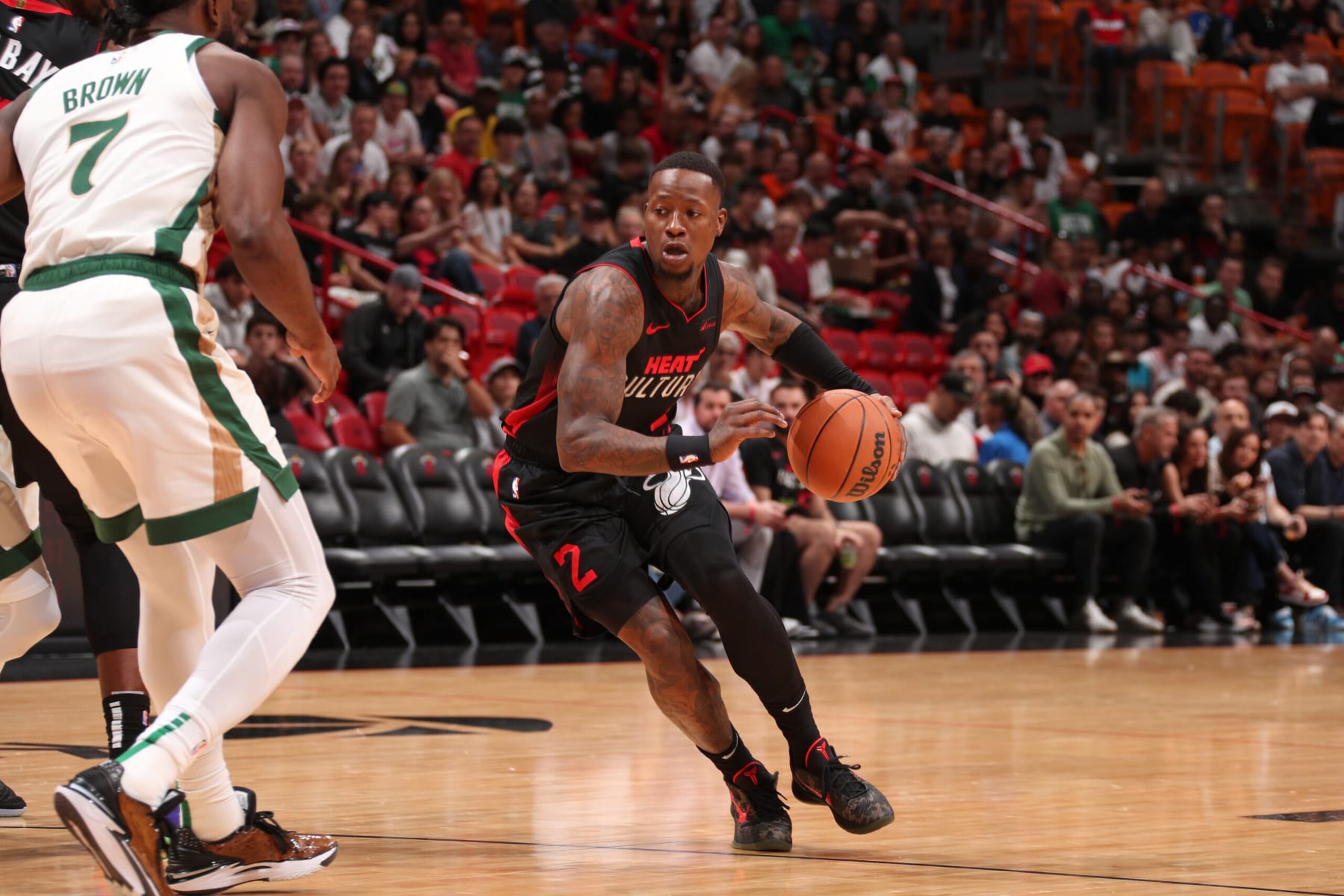 MIAMI, FL - FEBRUARY 11: Terry Rozier III #2 of the Miami Heat dribbles the ball during the game against the Boston Celtics on February 11, 2024 at Kaseya Center in Miami, Florida. NOTE TO USER: User expressly acknowledges and agrees that, by downloading and or using this Photograph, user is consenting to the terms and conditions of the Getty Images License Agreement. Mandatory Copyright Notice: Copyright 2024 NBAE (Photo by Issac Baldizon/NBAE via Getty Images)