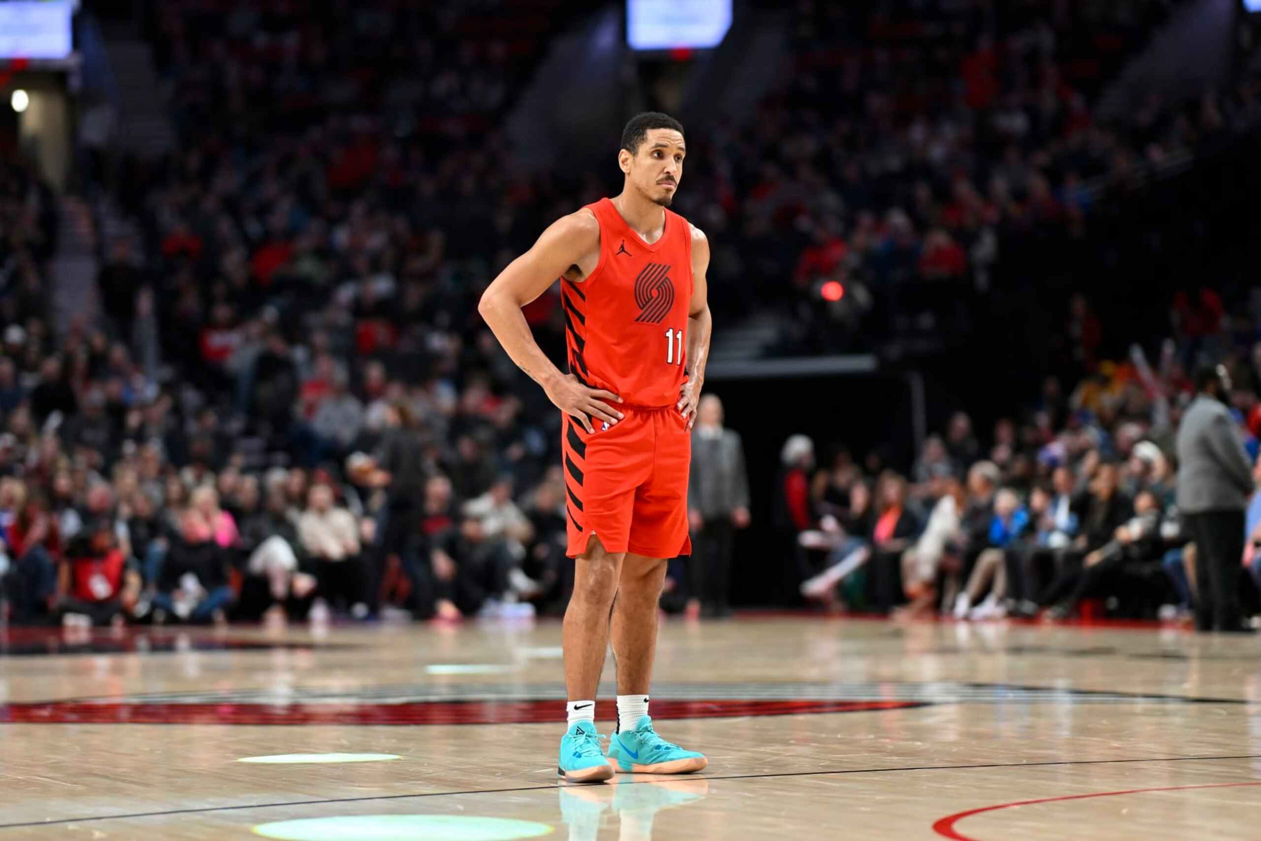 PORTLAND, OREGON - JANUARY 29: Malcolm Brogdon #11 of the Portland Trail Blazers looks on during the third quarter against the Philadelphia 76ers at the Moda Center on January 29, 2024 in Portland, Oregon. The Portland Trail Blazers won 130-104. NOTE TO USER: User expressly acknowledges and agrees that, by downloading and or using this photograph, User is consenting to the terms and conditions of the Getty Images License Agreement. (Photo by Alika Jenner/Getty Images) PORTLAND, OREGON - JANUARY 29: Malcolm Brogdon #11 of the Portland Trail Blazers looks on during the third quarter against the Philadelphia 76ers at the Moda Center on January 29, 2024 in Portland, Oregon. The Portland Trail Blazers won 130-104. NOTE TO USER: User expressly acknowledges and agrees that, by downloading and or using this photograph, User is consenting to the terms and conditions of the Getty Images License Agreement. (Photo by Alika Jenner/Getty Images)