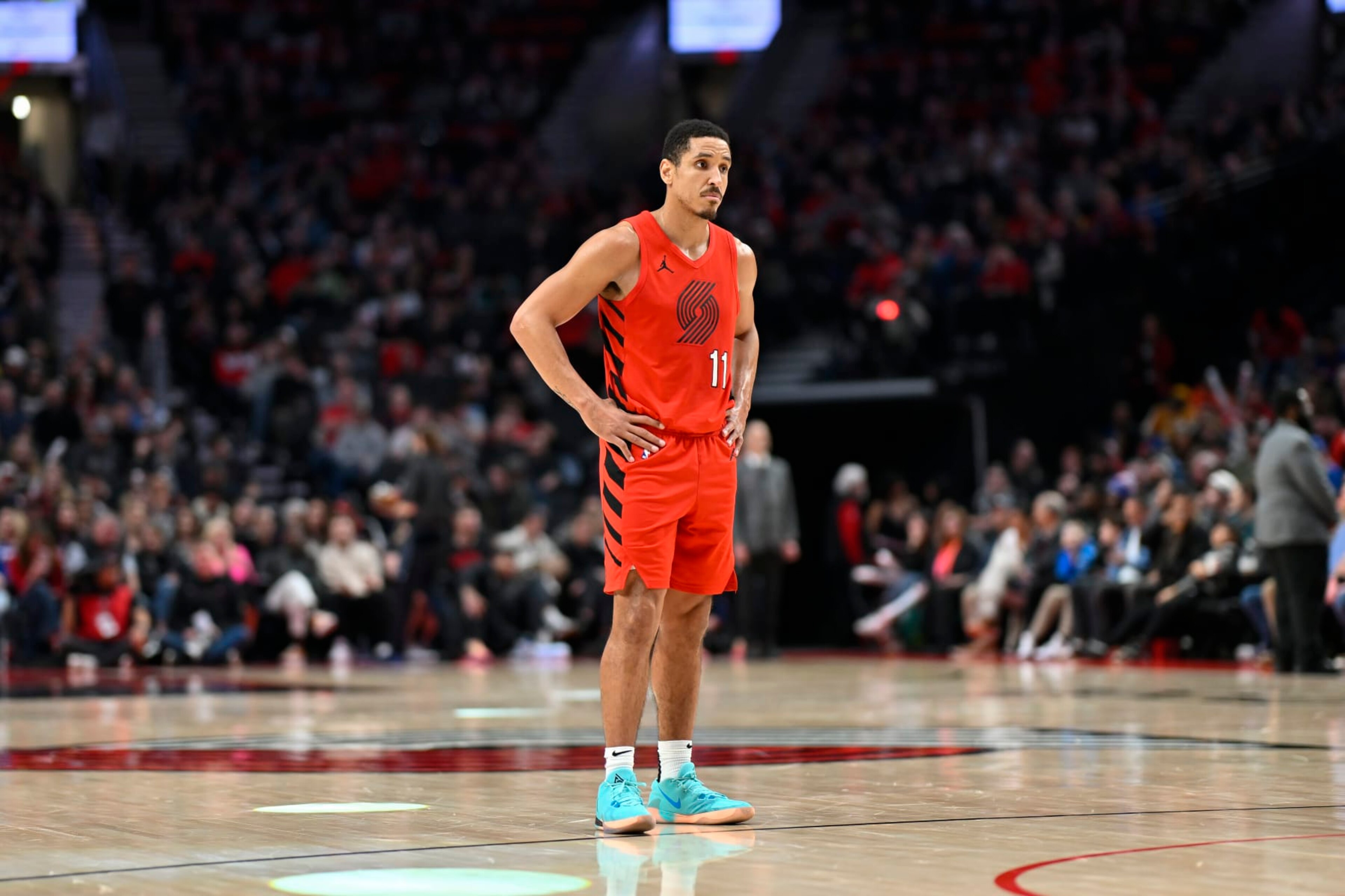 PORTLAND, OREGON - JANUARY 29: Malcolm Brogdon #11 of the Portland Trail Blazers looks on during the third quarter against the Philadelphia 76ers at the Moda Center on January 29, 2024 in Portland, Oregon. The Portland Trail Blazers won 130-104. NOTE TO USER: User expressly acknowledges and agrees that, by downloading and or using this photograph, User is consenting to the terms and conditions of the Getty Images License Agreement. (Photo by Alika Jenner/Getty Images)