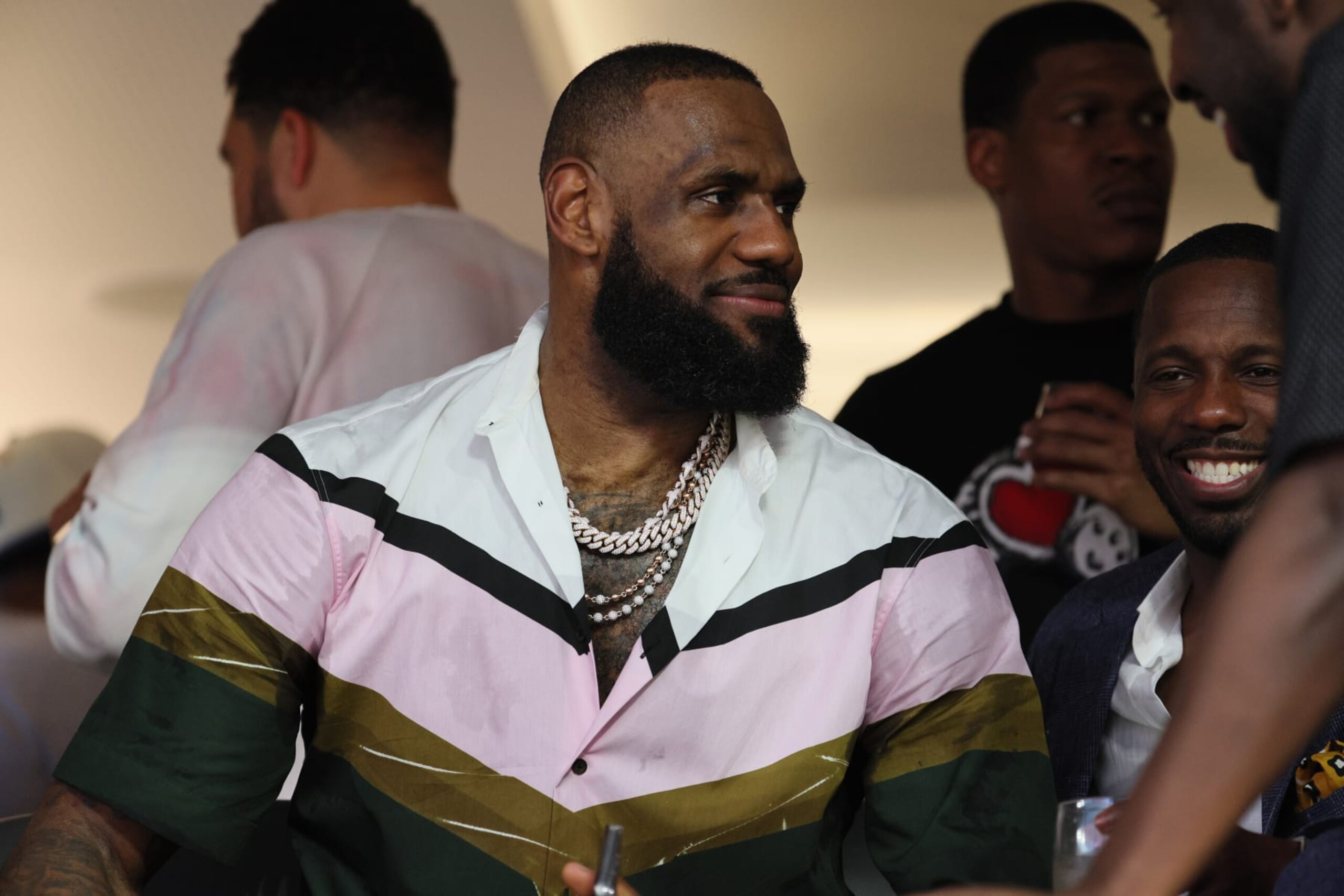 INGLEWOOD, CALIFORNIA - FEBRUARY 13: NBA player LeBron James reacts during Super Bowl LVI between the Los Angeles Rams and the Cincinnati Bengals at SoFi Stadium on February 13, 2022 in Inglewood, California. (Photo by Andy Lyons/Getty Images)