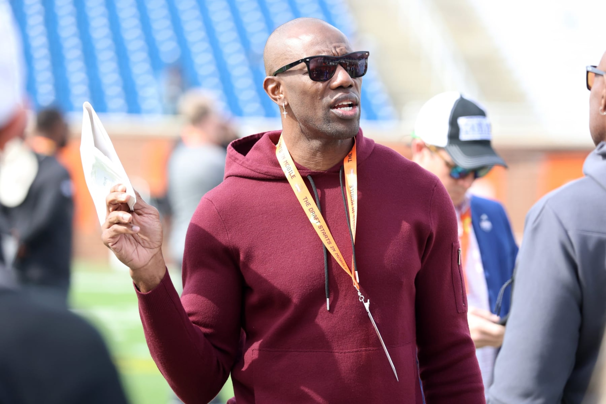 MOBILE, AL - FEBRUARY 01: NFL Hall of Famer Terrell Owens attends the National team practice for the Reese's Senior Bowl on February 31, 2024 at Hancock Whitney Stadium in Mobile, Alabama.  (Photo by Michael Wade/Icon Sportswire via Getty Images)