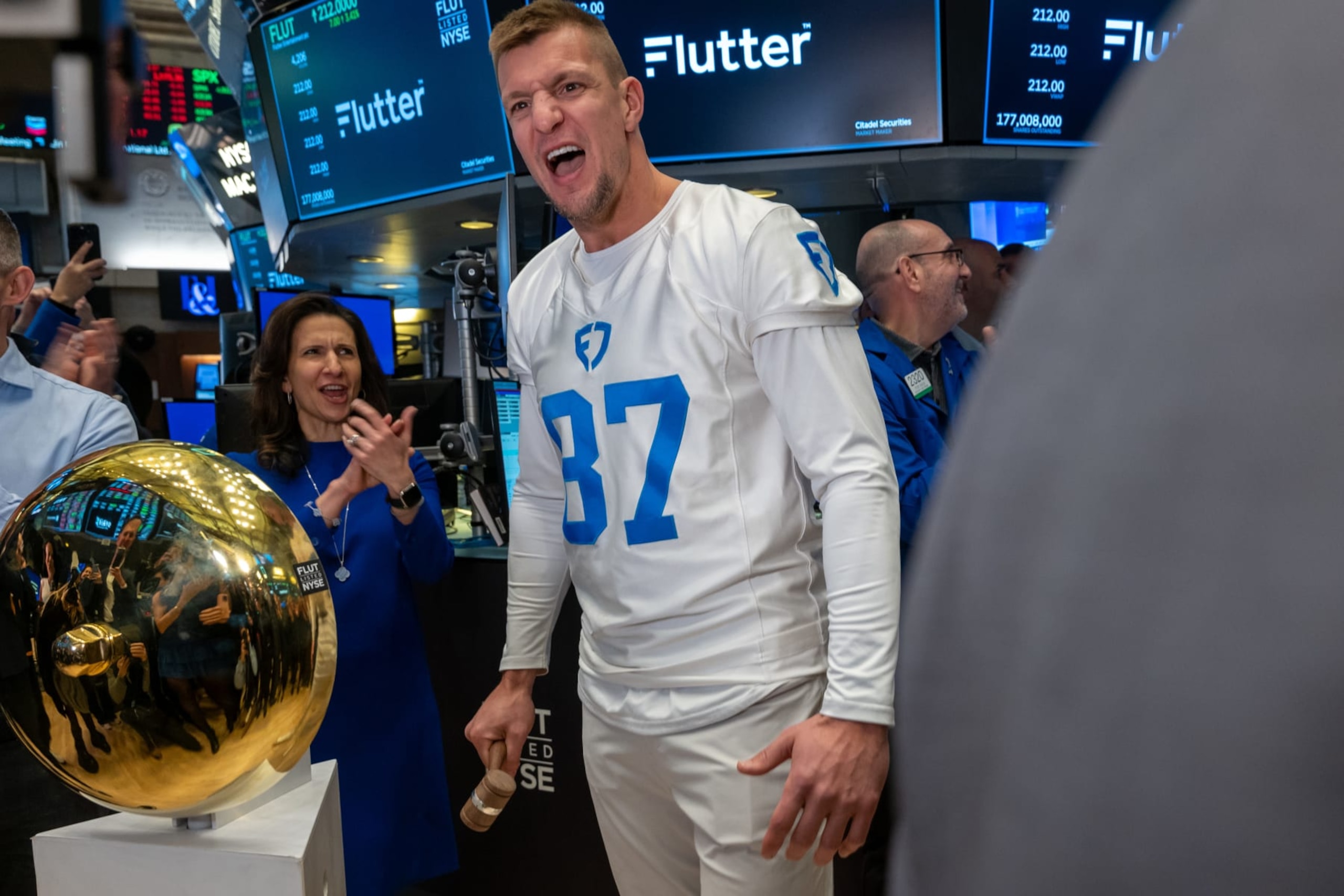 NEW YORK, NEW YORK - JANUARY 29: Former NFL tight end Rob Gronkowski celebrates the IPO of Flutter Entertainment, the parent company of FanDuel, on the floor of the New York Stock Exchange (NYSE) on January 29, 2024 in New York City. The company, which is already on the London Stock Exchange, will be listed under the “FLUT” symbol. Wall Street observers are watching to see if an upcoming Fed announcement on rate policy and the most recent violence in the Middle East will have any effect on the markets. (Photo by Spencer Platt/Getty Images)