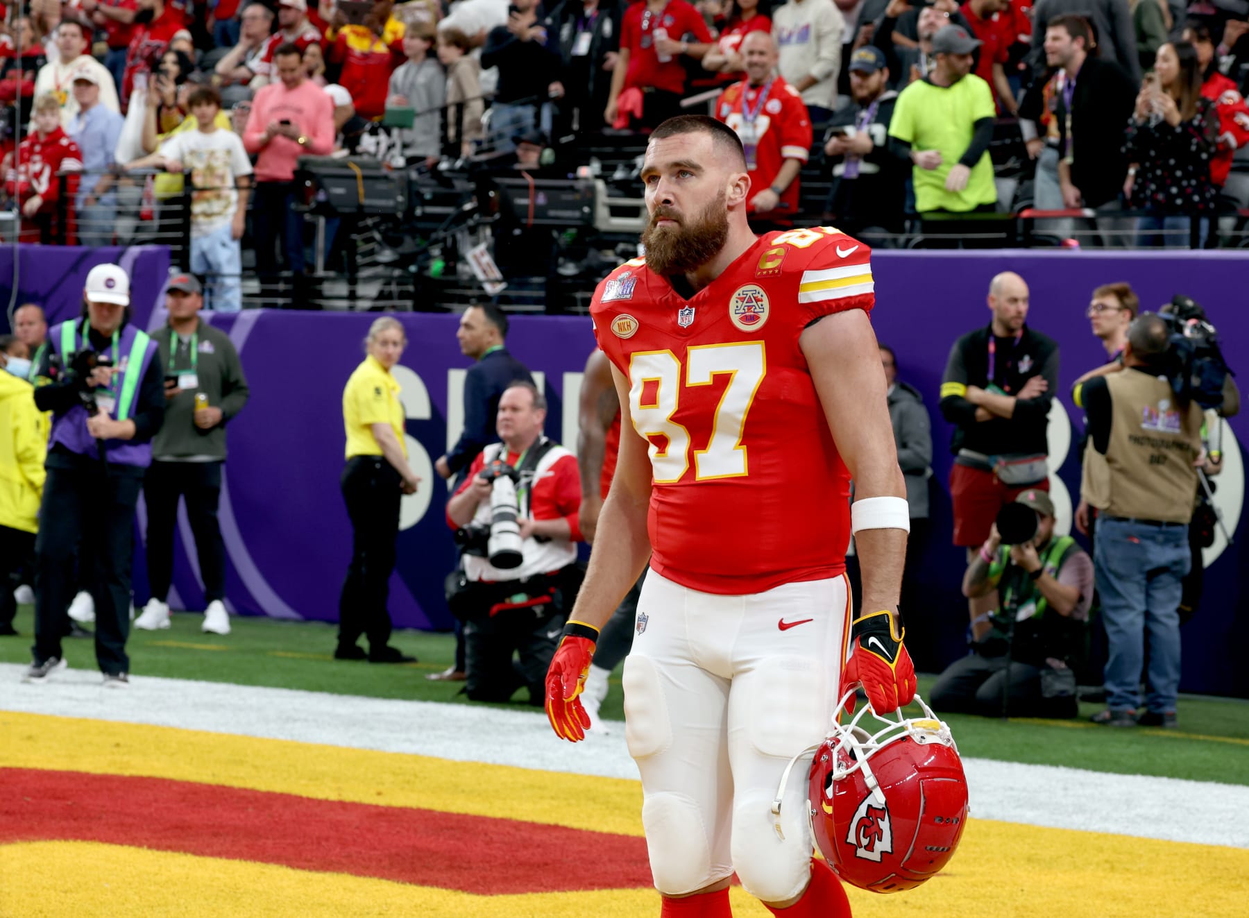 LAS VEGAS, NEVADA - FEBRUARY 11: Travis Kelce attends the Super Bowl LVIII Pregame at Allegiant Stadium on February 11, 2024 in Las Vegas, Nevada. (Photo by Kevin Mazur/Getty Images for Roc Nation)