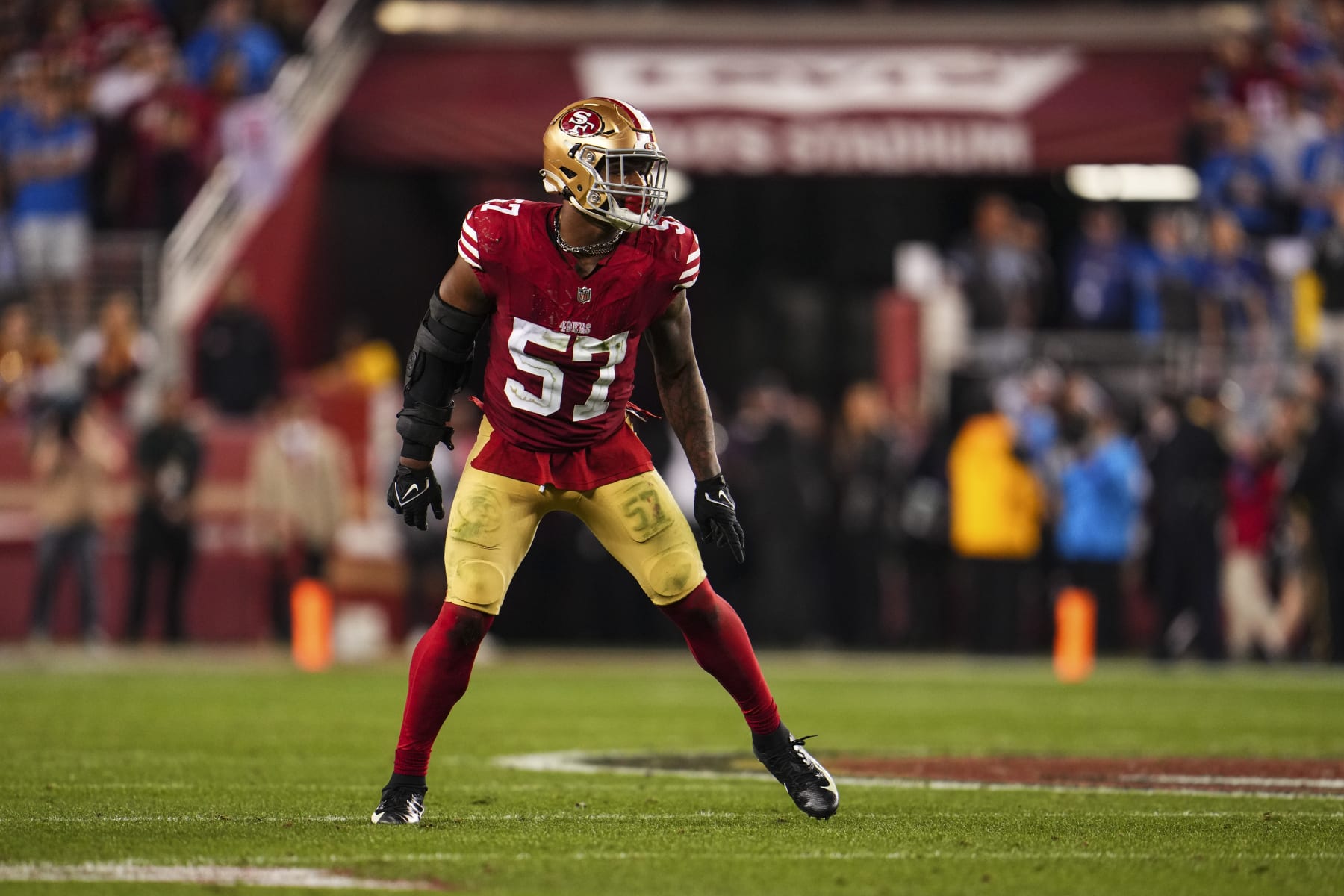 SANTA CLARA, CA - JANUARY 28: Dre Greenlaw #57 of the San Francisco 49ers lines up during the NFC Championship NFL football game against the Detroit Lions at Levi's Stadium on January 28, 2024 in Santa Clara, California. (Photo by Cooper Neill/Getty Images)