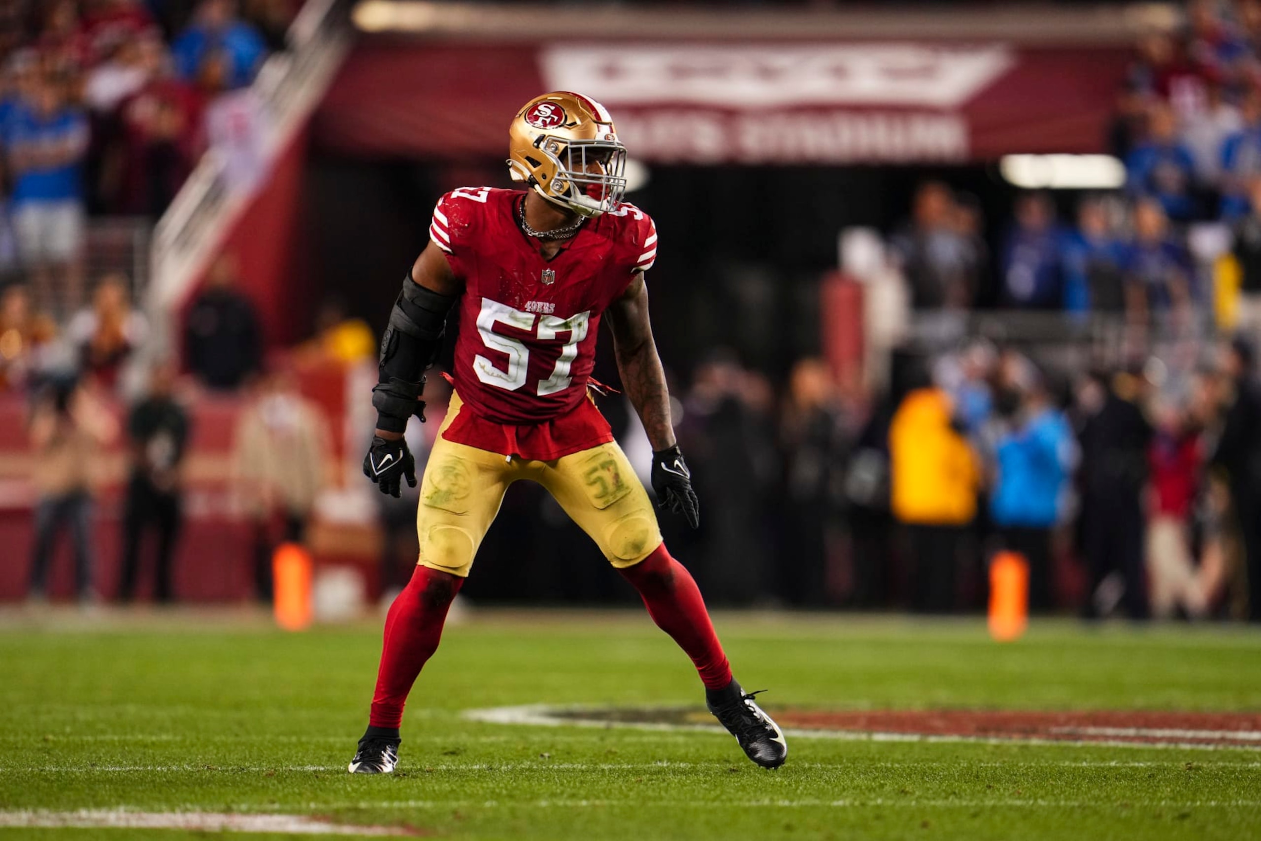 SANTA CLARA, CA - JANUARY 28: Dre Greenlaw #57 of the San Francisco 49ers lines up during the NFC Championship NFL football game against the Detroit Lions at Levi's Stadium on January 28, 2024 in Santa Clara, California. (Photo by Cooper Neill/Getty Images)
