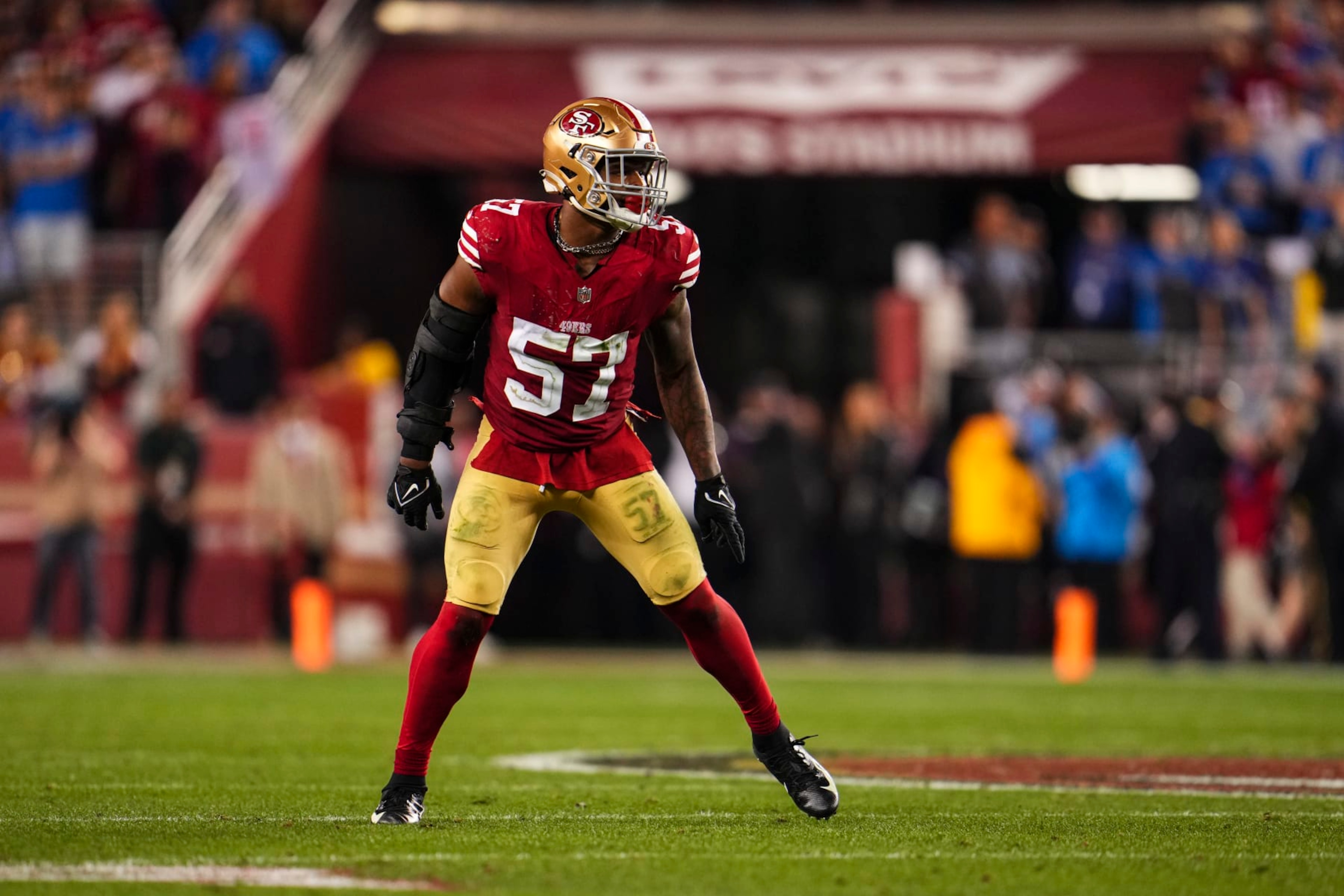 SANTA CLARA, CA - JANUARY 28: Dre Greenlaw #57 of the San Francisco 49ers lines up during the NFC Championship NFL football game against the Detroit Lions at Levi's Stadium on January 28, 2024 in Santa Clara, California. (Photo by Cooper Neill/Getty Images) SANTA CLARA, CA - JANUARY 28: Dre Greenlaw #57 of the San Francisco 49ers lines up during the NFC Championship NFL football game against the Detroit Lions at Levi's Stadium on January 28, 2024 in Santa Clara, California. (Photo by Cooper Neill/Getty Images)