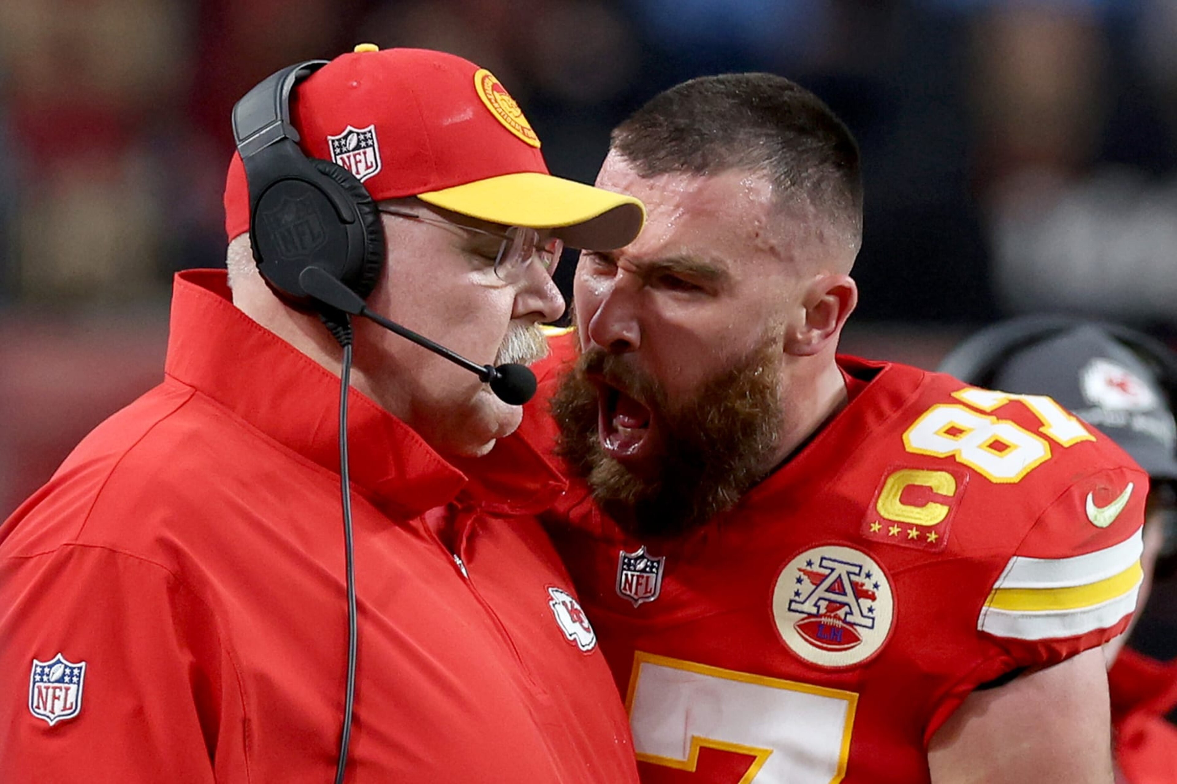LAS VEGAS, NEVADA - FEBRUARY 11: Travis Kelce #87 of the Kansas City Chiefs reacts at Head coach Andy Reid in the first half against the San Francisco 49ers during Super Bowl LVIII at Allegiant Stadium on February 11, 2024 in Las Vegas, Nevada. (Photo by Jamie Squire/Getty Images) LAS VEGAS, NEVADA - FEBRUARY 11: Travis Kelce #87 of the Kansas City Chiefs reacts at Head coach Andy Reid in the first half against the San Francisco 49ers during Super Bowl LVIII at Allegiant Stadium on February 11, 2024 in Las Vegas, Nevada. (Photo by Jamie Squire/Getty Images)