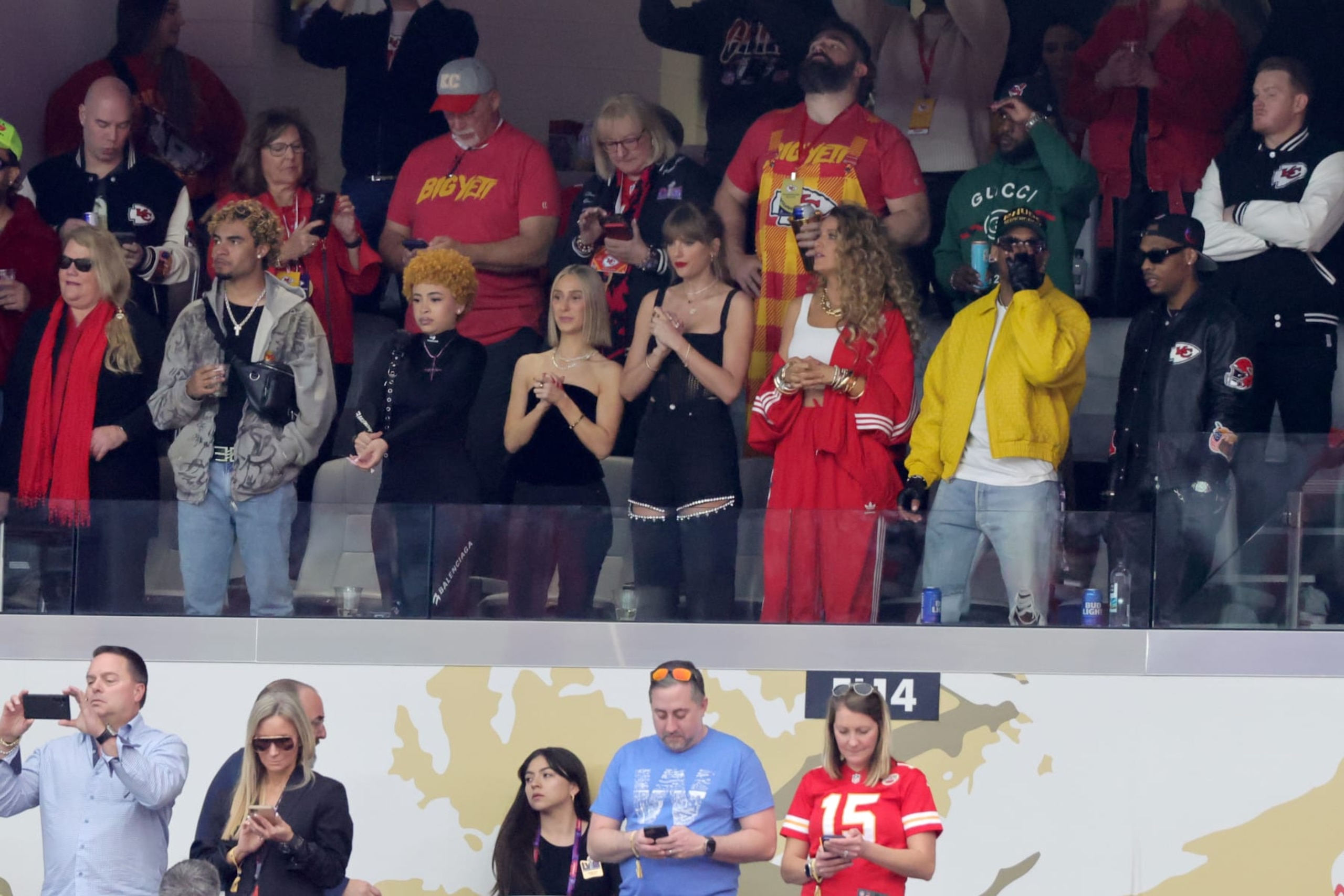 LAS VEGAS, NEVADA - FEBRUARY 11:  Rapper Ice Spice, Donna Kelce, NFL player Jason Kelce, Taylor Swift and Blake Lively are seen prior to Super Bowl LVIII at Allegiant Stadium on February 11, 2024 in Las Vegas, Nevada. (Photo by Ethan Miller/Getty Images)