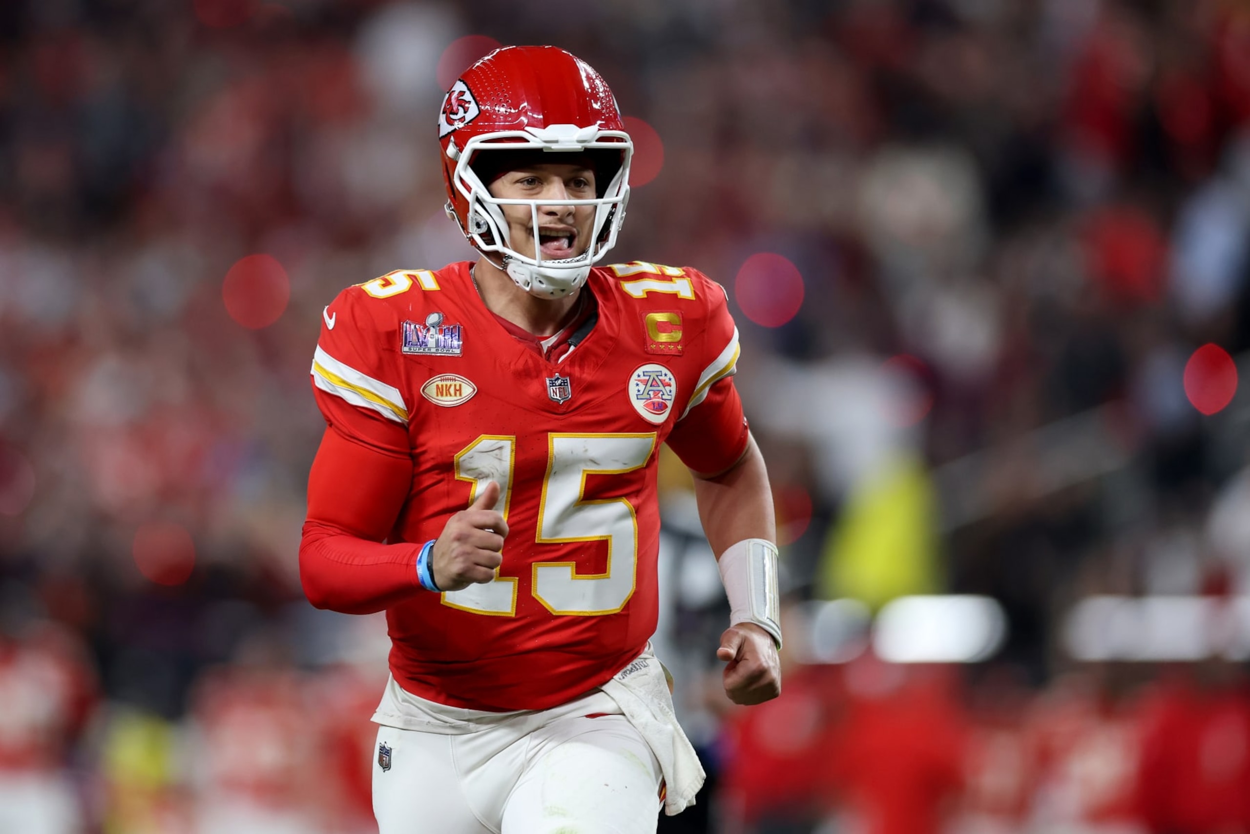 LAS VEGAS, NEVADA - FEBRUARY 11: Patrick Mahomes #15 of the Kansas City Chiefs reacts after throwing a pass for a touchdown in the third quarter against the San Francisco 49ers during Super Bowl LVIII at Allegiant Stadium on February 11, 2024 in Las Vegas, Nevada. (Photo by Ezra Shaw/Getty Images)