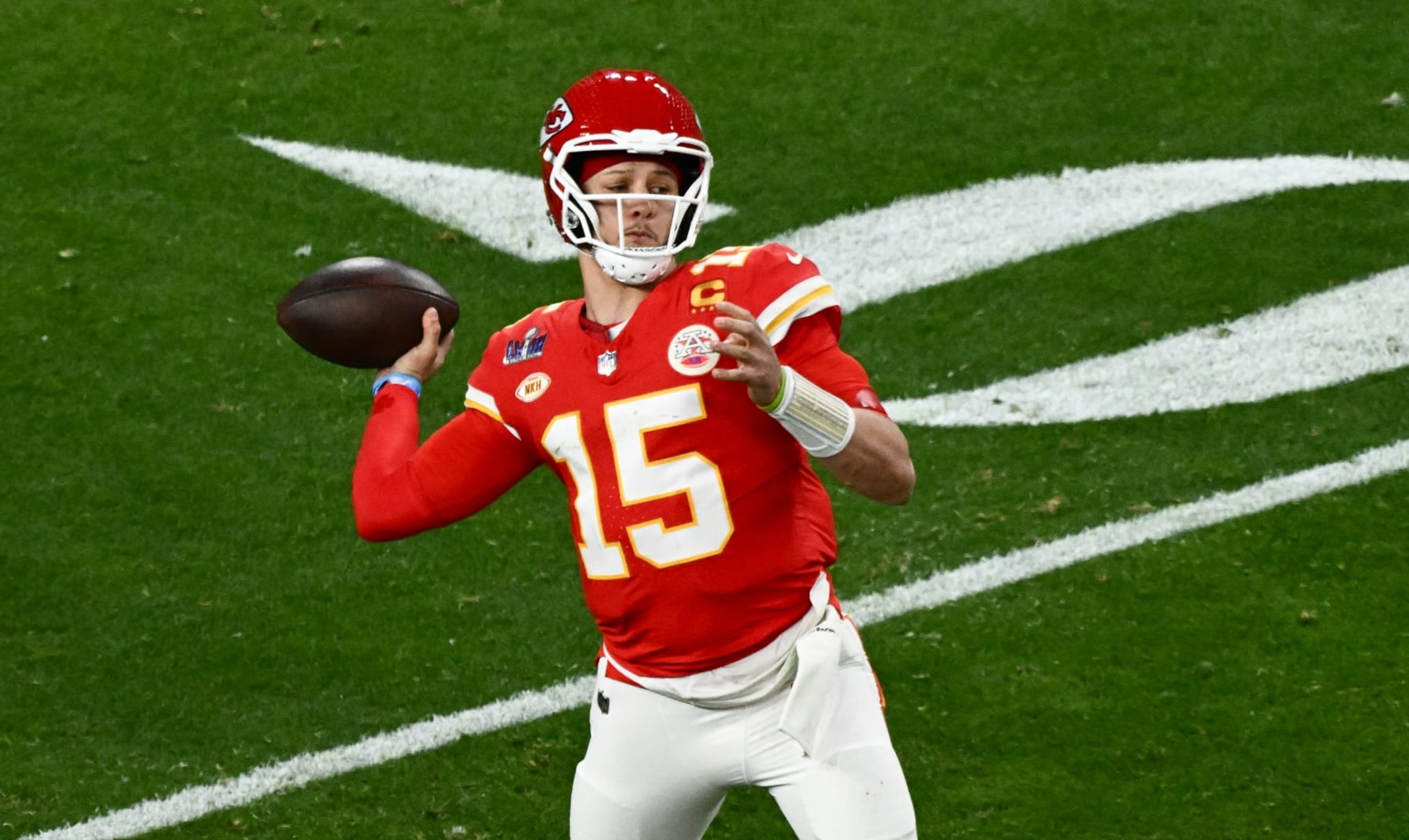 Kansas City Chiefs' quarterback #15 Patrick Mahomes during Super Bowl LVIII between the Kansas City Chiefs and the San Francisco 49ers at Allegiant Stadium in Las Vegas, Nevada, February 11, 2024. (Photo by Patrick T. Fallon / AFP) (Photo by PATRICK T. FALLON/AFP via Getty Images)