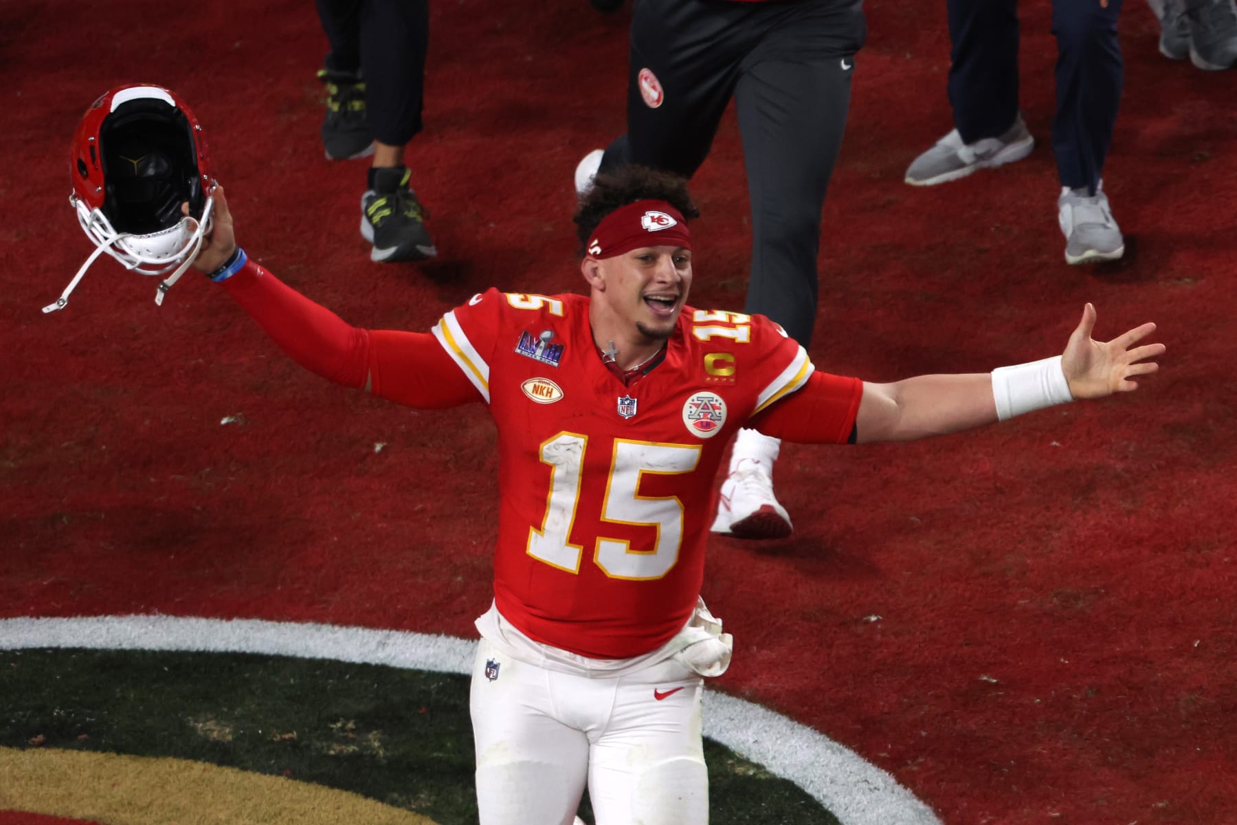 LAS VEGAS, NEVADA - FEBRUARY 11: Patrick Mahomes #15 of the Kansas City Chiefs celebrates after defeating the San Francisco 49ers 25-22 in overtime during Super Bowl LVIII at Allegiant Stadium on February 11, 2024 in Las Vegas, Nevada. (Photo by Rob Carr/Getty Images)