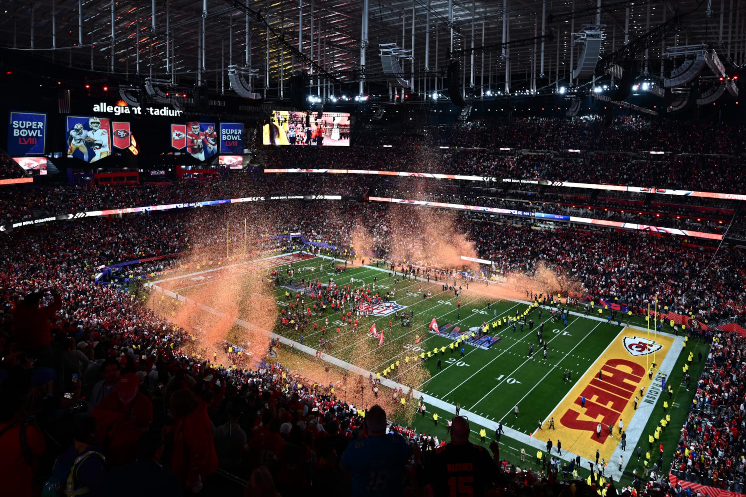 A general view shows the field after the Kansas City Chiefs won Super Bowl LVIII against the San Francisco 49ers at Allegiant Stadium in Las Vegas, Nevada, February 11, 2024. (Photo by Patrick T. Fallon / AFP) (Photo by PATRICK T. FALLON/AFP via Getty Images)