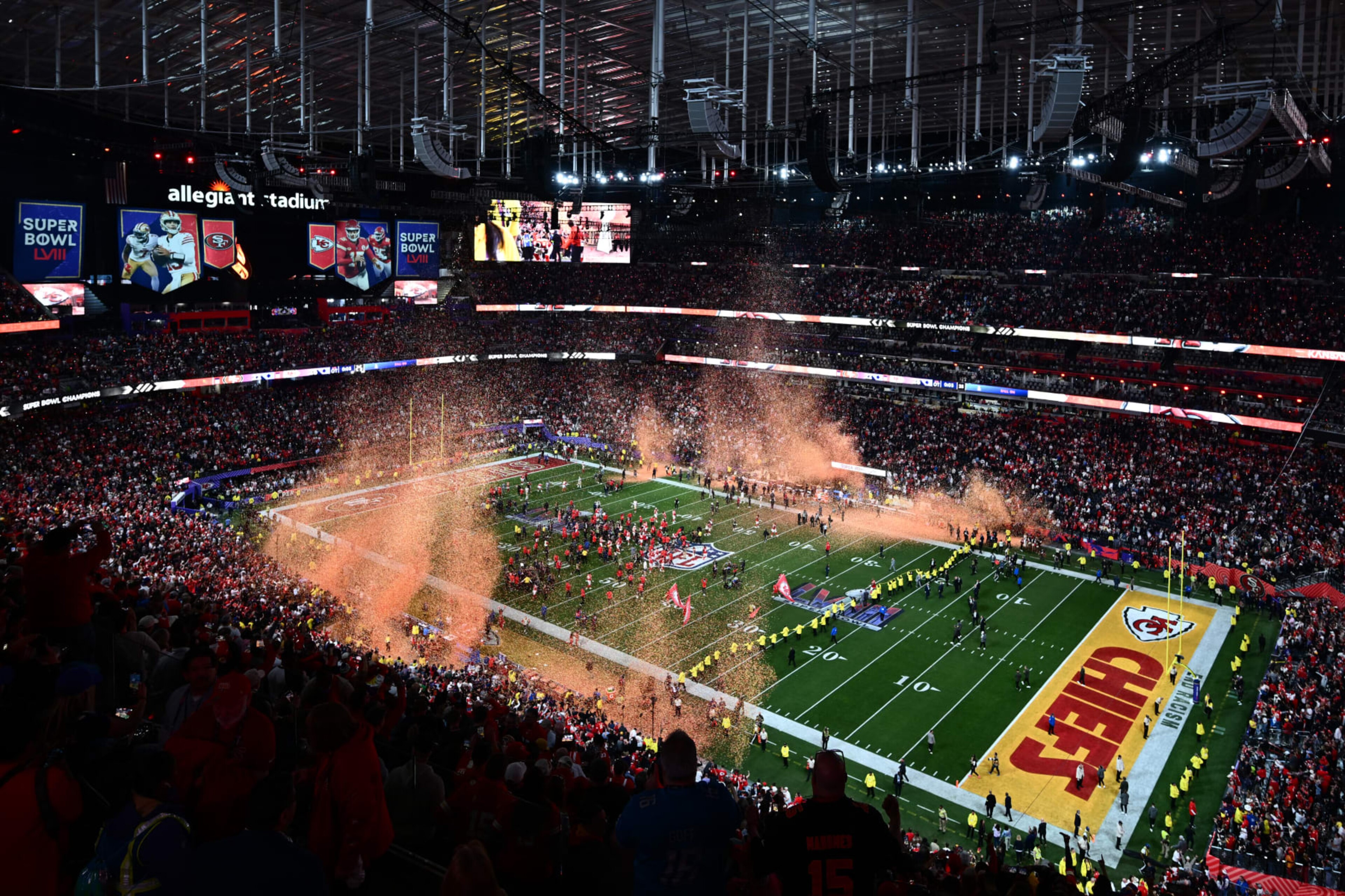 A general view shows the field after the Kansas City Chiefs won Super Bowl LVIII against the San Francisco 49ers at Allegiant Stadium in Las Vegas, Nevada, February 11, 2024. (Photo by Patrick T. Fallon / AFP) (Photo by PATRICK T. FALLON/AFP via Getty Images)