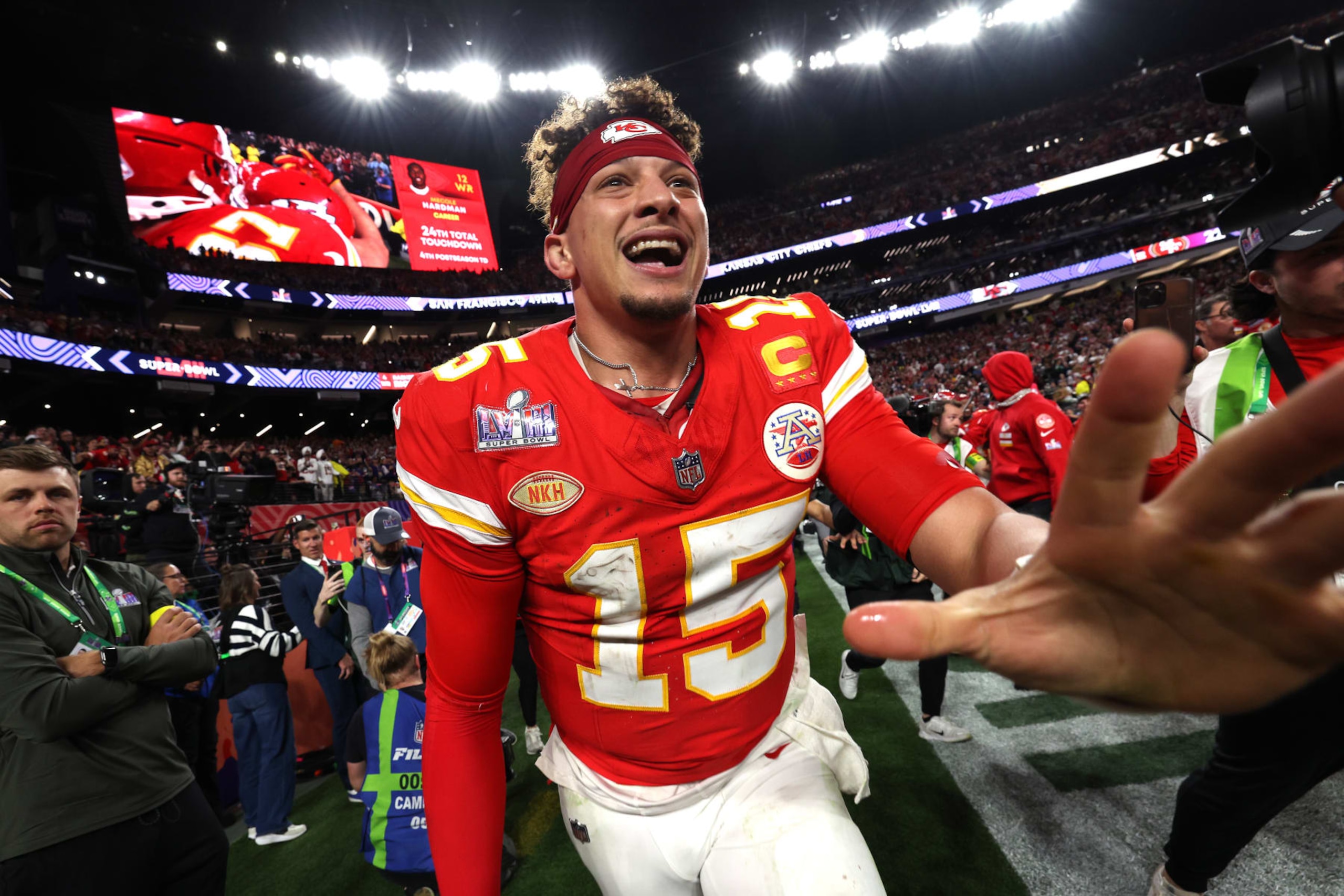 LAS VEGAS, NEVADA - FEBRUARY 11: Patrick Mahomes #15 of the Kansas City Chiefs celebrates after defeating the San Francisco 49ers 25-22 in overtime during Super Bowl LVIII at Allegiant Stadium on February 11, 2024 in Las Vegas, Nevada. (Photo by Jamie Squire/Getty Images)