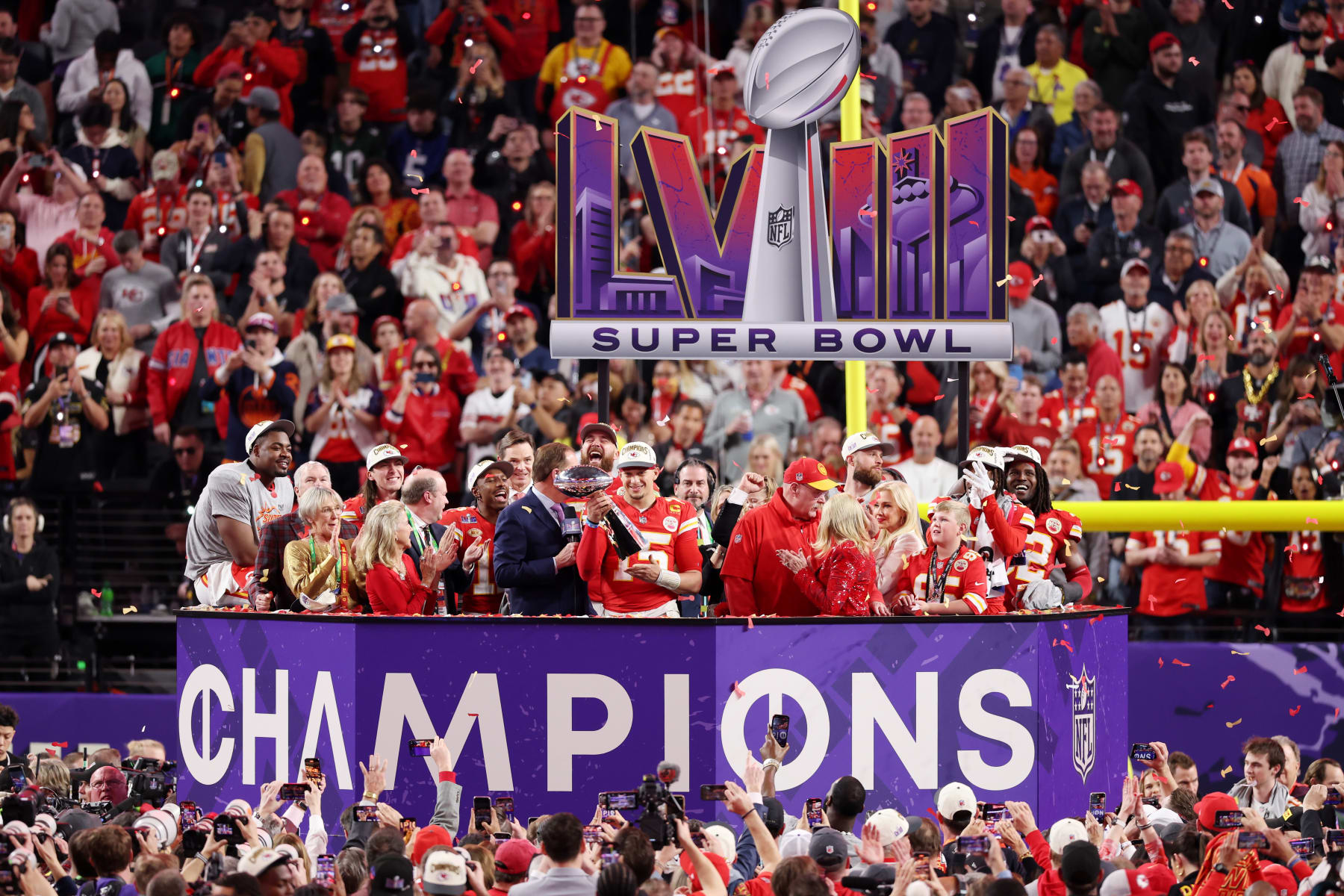LAS VEGAS, NEVADA - FEBRUARY 11: Patrick Mahomes #15 of the Kansas City Chiefs holds the Lombardi Trophy after defeating the San Francisco 49ers 25-22 in overtime during Super Bowl LVIII at Allegiant Stadium on February 11, 2024 in Las Vegas, Nevada. (Photo by Steph Chambers/Getty Images)