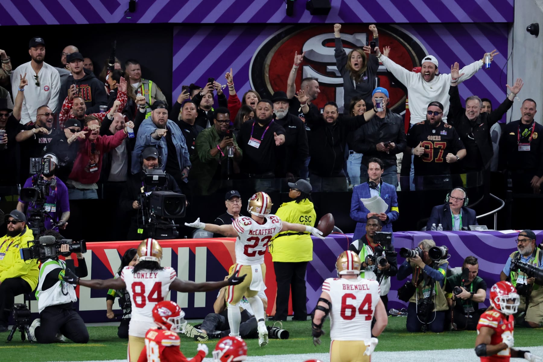 LAS VEGAS, NEVADA - FEBRUARY 11: Christian McCaffrey #23 of the San Francisco 49ers celebrates after scoring a touchdown in the second quarter against the Kansas City Chiefs during Super Bowl LVIII at Allegiant Stadium on February 11, 2024 in Las Vegas, Nevada. (Photo by Ethan Miller/Getty Images)