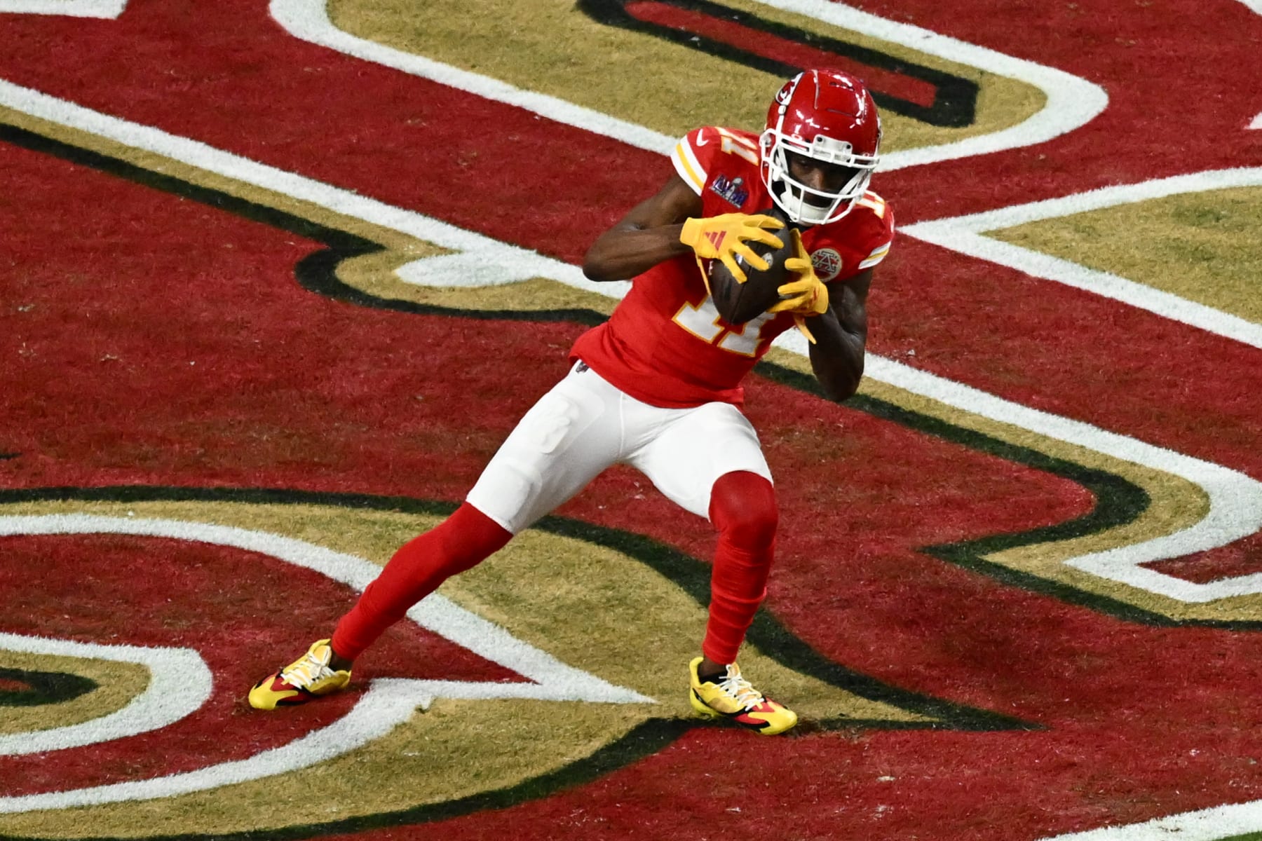 Kansas City Chiefs' wide receiver #11 Marquez Valdes-Scantling celebrates scores a touchdown during Super Bowl LVIII between the Kansas City Chiefs and the San Francisco 49ers at Allegiant Stadium in Las Vegas, Nevada, February 11, 2024. (Photo by Patrick T. Fallon / AFP) (Photo by PATRICK T. FALLON/AFP via Getty Images)