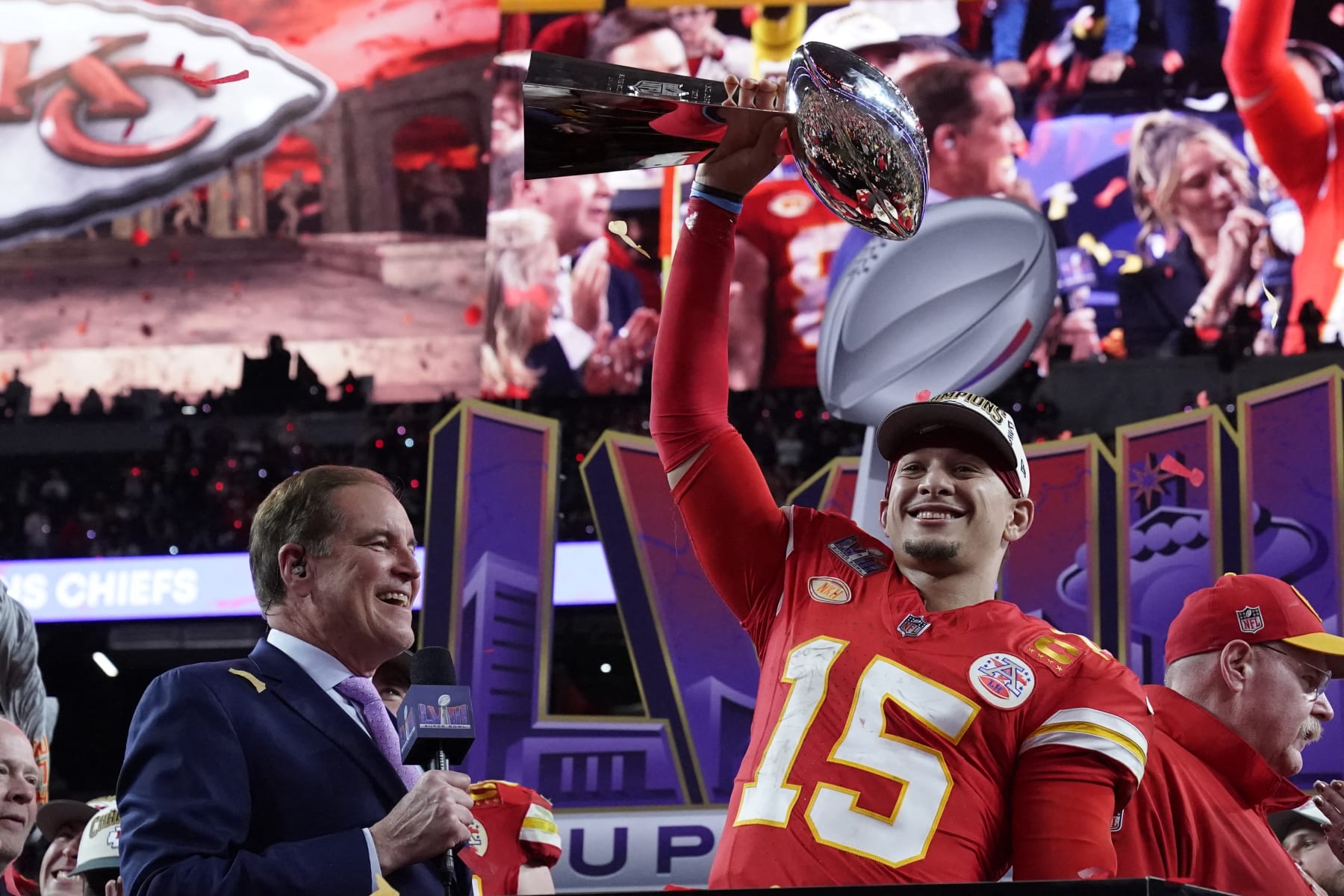 Kansas City Chiefs' quarterback #15 Patrick Mahomes celebrates with the trophy after the Chiefs won Super Bowl LVIII against the San Francisco 49ers at Allegiant Stadium in Las Vegas, Nevada, February 11, 2024. (Photo by TIMOTHY A. CLARY / AFP) (Photo by TIMOTHY A. CLARY/AFP via Getty Images)