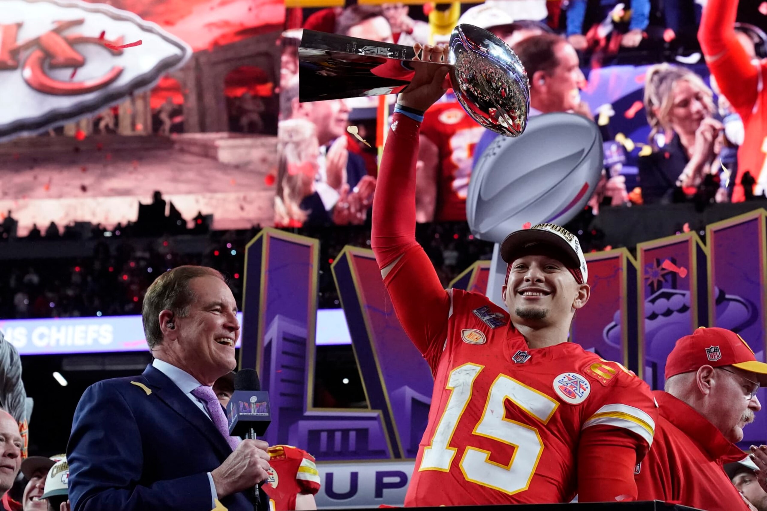 Kansas City Chiefs' quarterback #15 Patrick Mahomes celebrates with the trophy after the Chiefs won Super Bowl LVIII against the San Francisco 49ers at Allegiant Stadium in Las Vegas, Nevada, February 11, 2024. (Photo by TIMOTHY A. CLARY / AFP) (Photo by TIMOTHY A. CLARY/AFP via Getty Images) Kansas City Chiefs' quarterback #15 Patrick Mahomes celebrates with the trophy after the Chiefs won Super Bowl LVIII against the San Francisco 49ers at Allegiant Stadium in Las Vegas, Nevada, February 11, 2024. (Photo by TIMOTHY A. CLARY / AFP) (Photo by TIMOTHY A. CLARY/AFP via Getty Images)