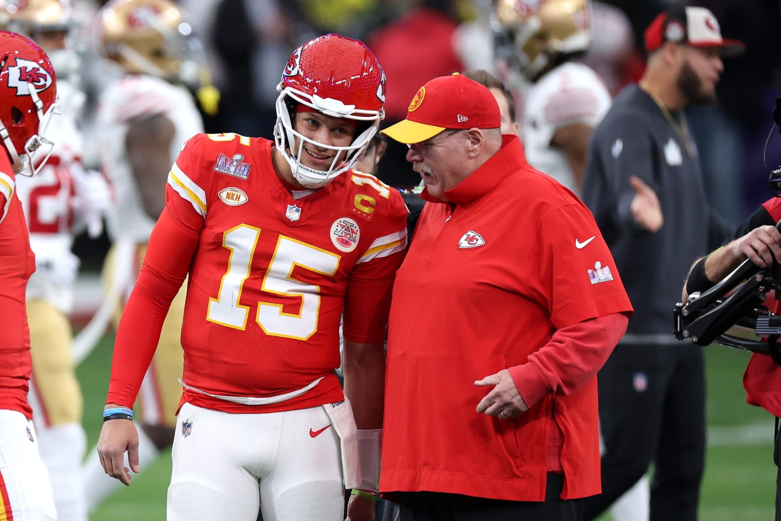 LAS VEGAS, NEVADA - FEBRUARY 11: Patrick Mahomes #15 of the Kansas City Chiefs talks with head coach Andy Reid before Super Bowl LVIII against the San Francisco 49ers at Allegiant Stadium on February 11, 2024 in Las Vegas, Nevada. (Photo by Harry How/Getty Images) LAS VEGAS, NEVADA - FEBRUARY 11: Patrick Mahomes #15 of the Kansas City Chiefs talks with head coach Andy Reid before Super Bowl LVIII against the San Francisco 49ers at Allegiant Stadium on February 11, 2024 in Las Vegas, Nevada. (Photo by Harry How/Getty Images)