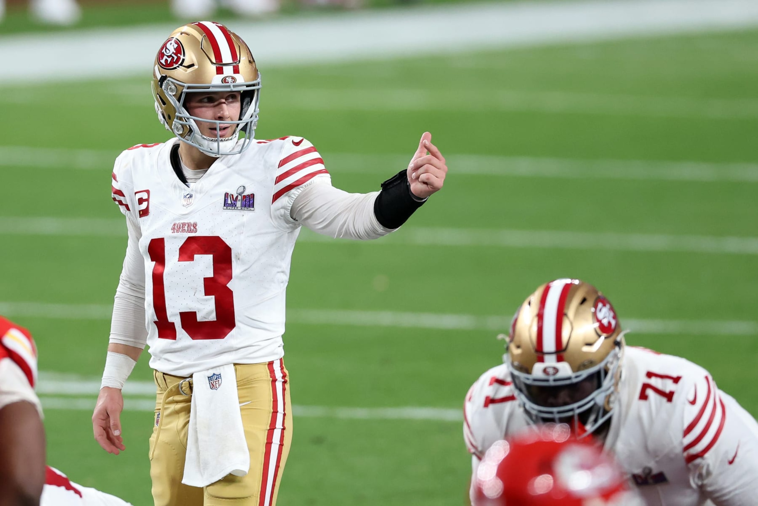 LAS VEGAS, NEVADA - FEBRUARY 11: Brock Purdy #13 of the San Francisco 49ers calls a play at the line in the second quarter against the Kansas City Chiefs during Super Bowl LVIII at Allegiant Stadium on February 11, 2024 in Las Vegas, Nevada. (Photo by Steph Chambers/Getty Images)