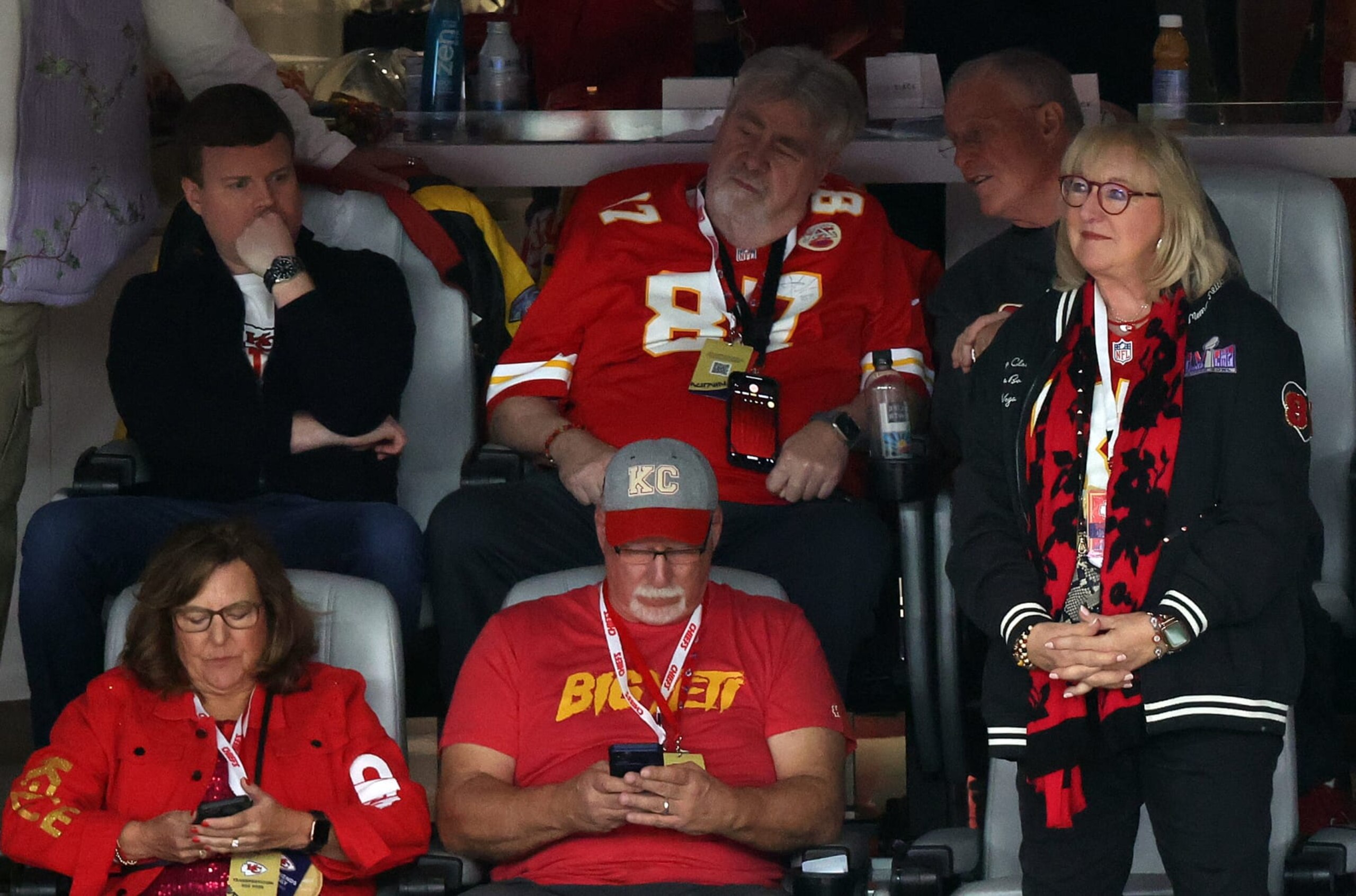 LAS VEGAS, NEVADA - FEBRUARY 11: (R) Donna Kelce, son of Travis Kelce #87 of the Kansas City Chiefs, looks on prior to Super Bowl LVIII against the San Francisco 49ers at Allegiant Stadium on February 11, 2024 in Las Vegas, Nevada. (Photo by Rob Carr/Getty Images)