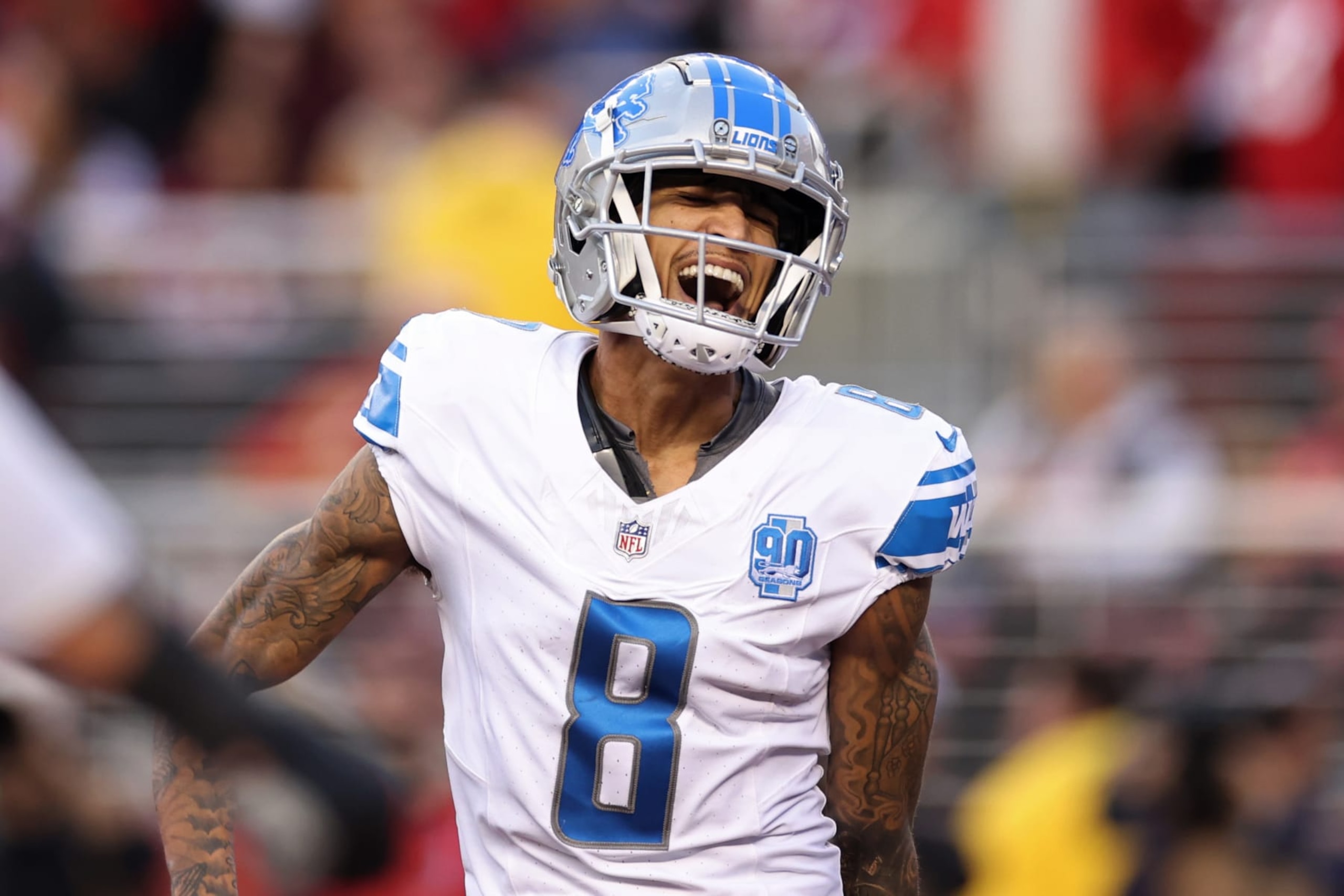 SANTA CLARA, CALIFORNIA - JANUARY 28: Josh Reynolds #8 of the Detroit Lions reacts during the second quarter against the San Francisco 49ers in the NFC Championship Game at Levi's Stadium on January 28, 2024 in Santa Clara, California. (Photo by Ezra Shaw/Getty Images)