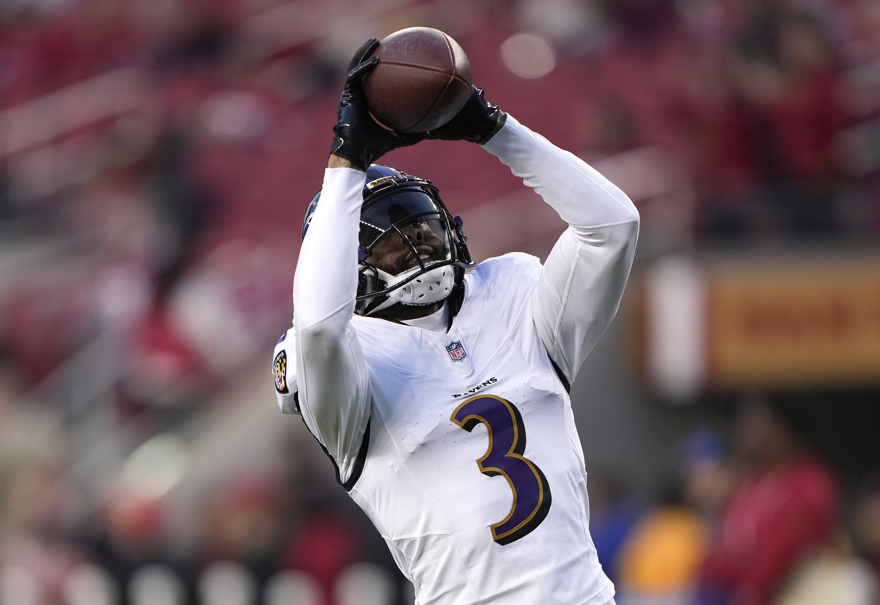 SANTA CLARA, CALIFORNIA - DECEMBER 25: Odell Beckham Jr. #3 of the Baltimore Ravens warms up prior to the start of an NFL football game against the San Francisco 49ers at Levi's Stadium on December 25, 2023 in Santa Clara, California. (Photo by Thearon W. Henderson/Getty Images)