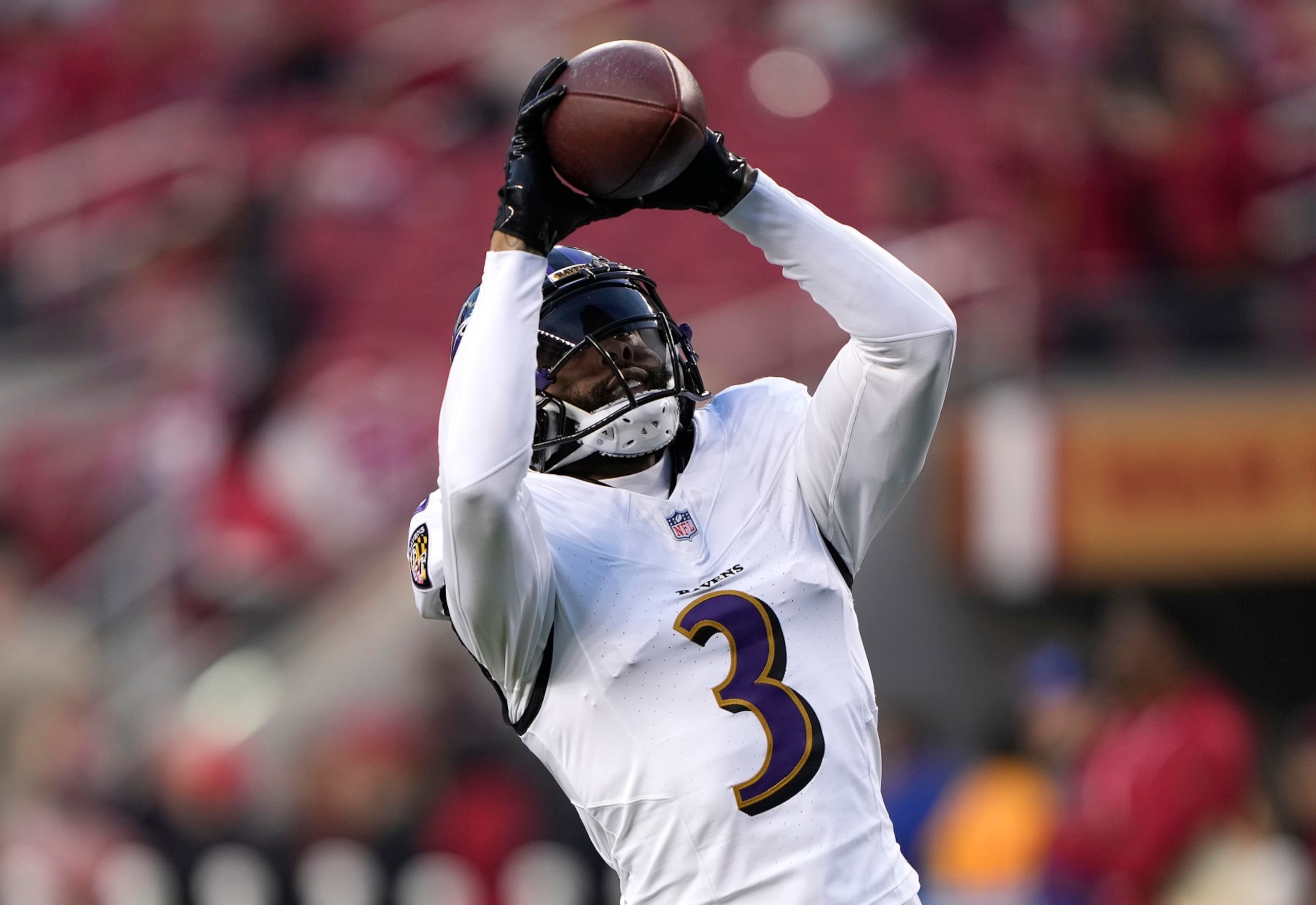 SANTA CLARA, CALIFORNIA - DECEMBER 25: Odell Beckham Jr. #3 of the Baltimore Ravens warms up prior to the start of an NFL football game against the San Francisco 49ers at Levi's Stadium on December 25, 2023 in Santa Clara, California. (Photo by Thearon W. Henderson/Getty Images)
