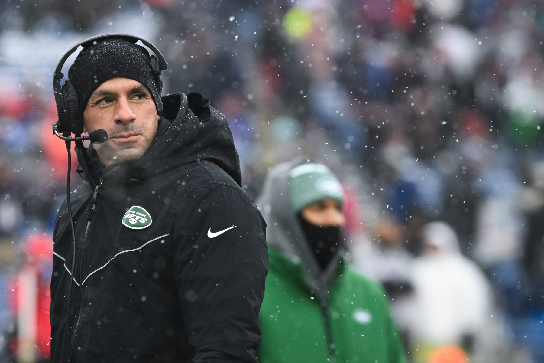 FOXBOROUGH, MA - JANUARY 7: Robert Saleh, head coach of the New York Jets stands on the sidelines prior to the start of the game against the New England Patriots at Gillette Stadium on January 7, 2024 in Foxborough, Massachusetts. (Photo by Kathryn Riley/Getty Images)